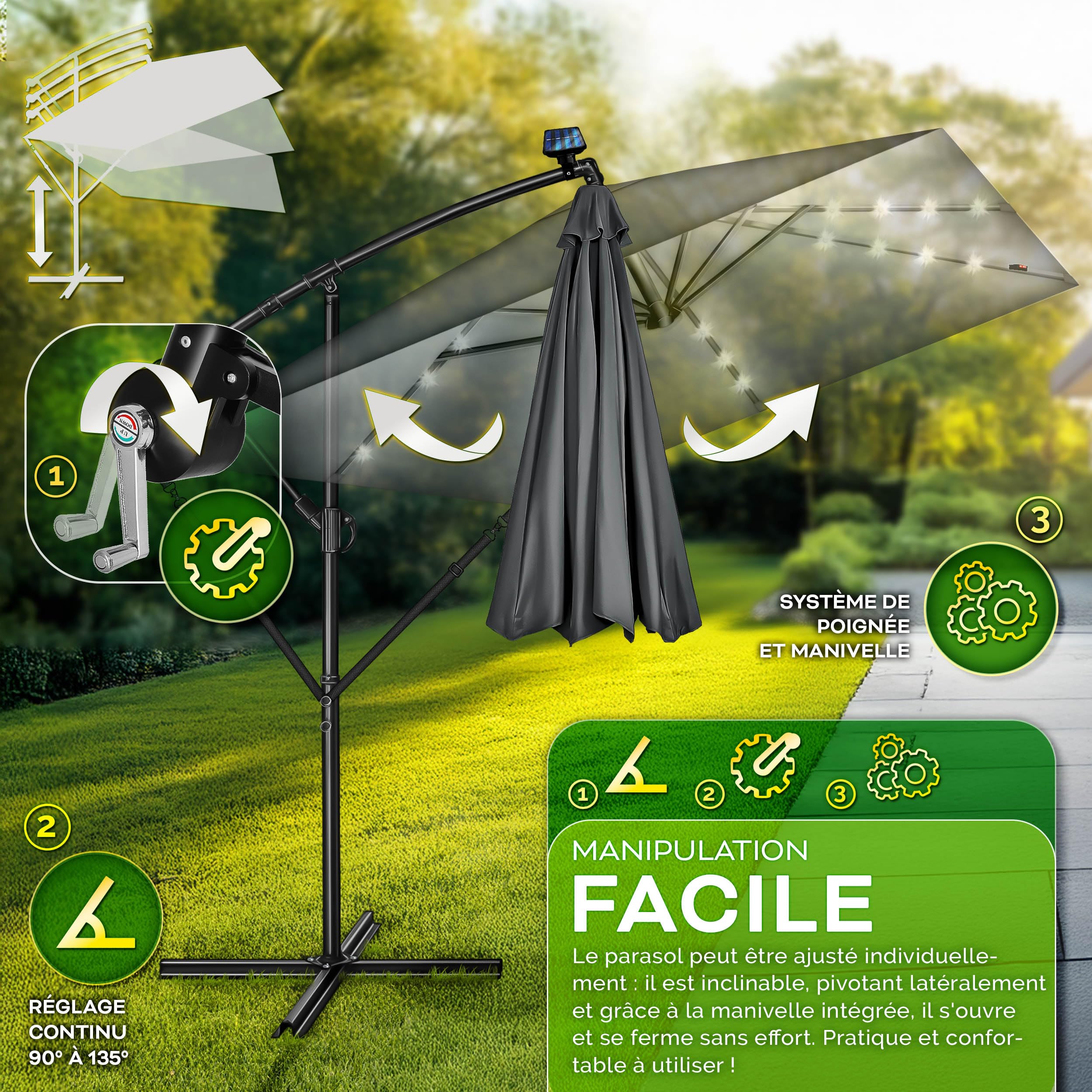 tillvex® Parasol déporté Rectangulaire Ø 330 cm + Housse de Protection & contre le vent | Parasol à manivelle carré avec support | Parasol de jardin Extérieur Anti-UV en aluminium