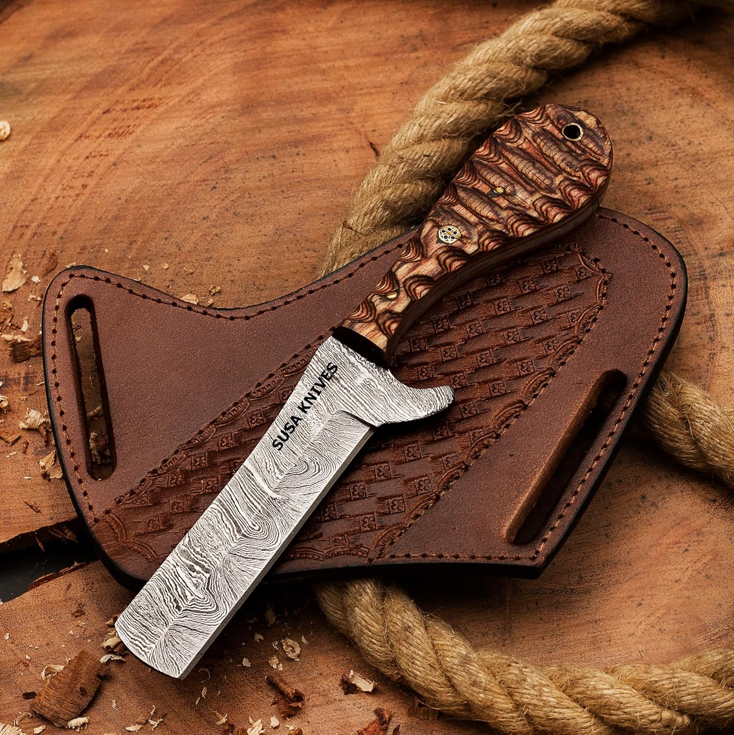 SUSA KNIVES Handmade Damascus Steel Bull Cutter Knife, Cowboy Fixed Blade knife