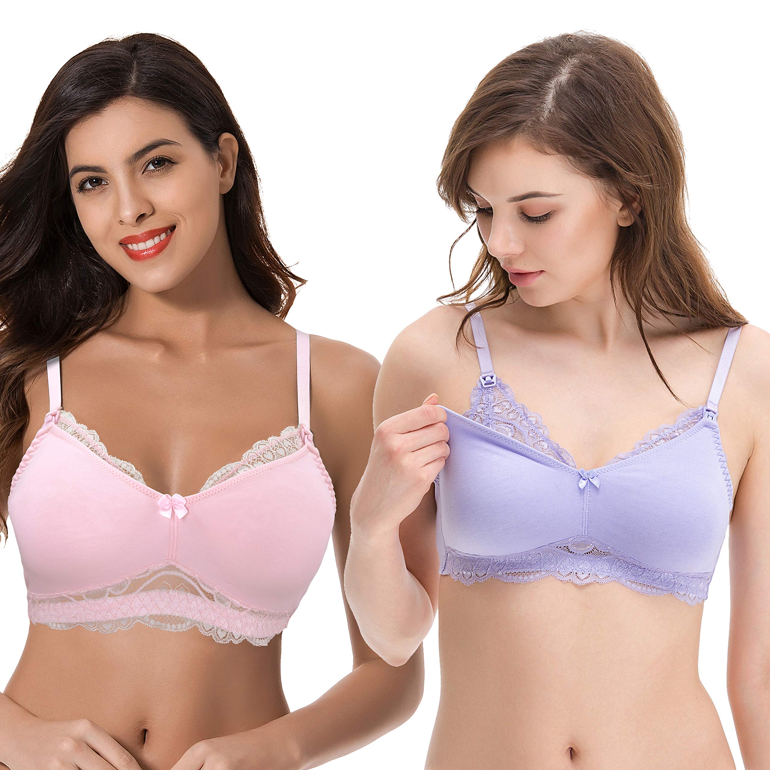 Curve Muse Plus Size Nursing Cotton Unlined Bra with Lace Trim-2 Or 3PK