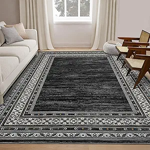 GlowSol Washable Area Rugs 5x7 Rug Modern Bordered Rugs Solid Rug for Living Room Black Rug Soft Carpet for Bedroom Stain-Resistant Rug Non Slip Rugs for Hardwood Floors (Black, 5x7)