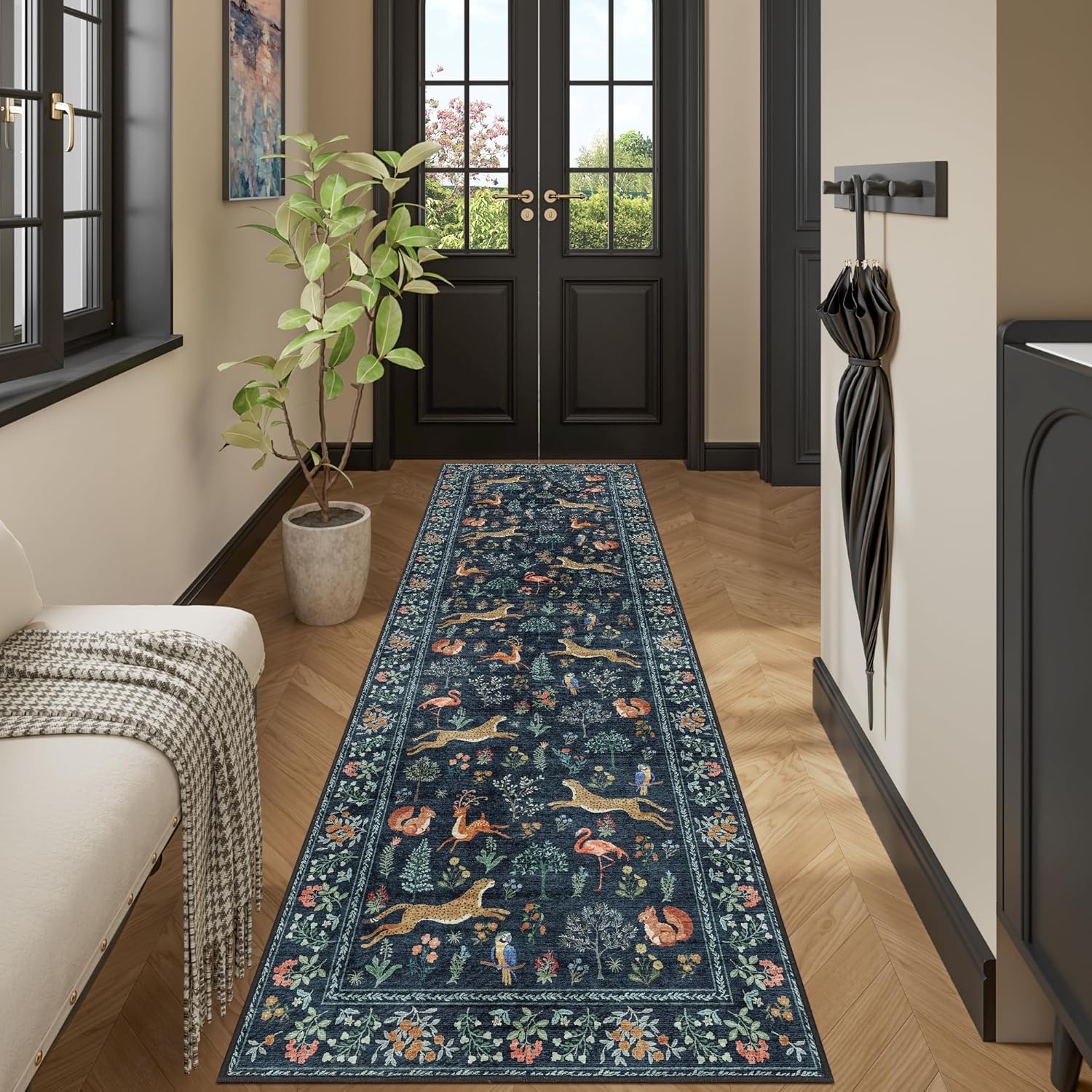 DUKINO 2.6x8 Rug for Hallway, Washable Kitchen Runner Rug with Non Slip Backing, Soft Low Pile Vintage Animal Runner for Bedroom, Kitchen, Hallway, Entryway, Laundry, Navy Blue - Image 5