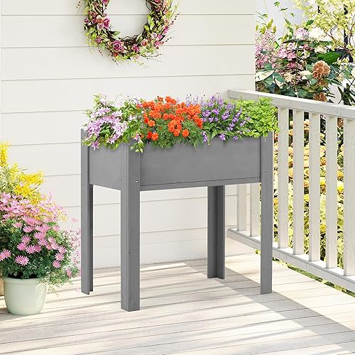 Miniatura 32 de Cama de jardín elevada con patas (31 x 16 x 31 pulgadas), maceta elevada de madera maciza para exteriores Marrón