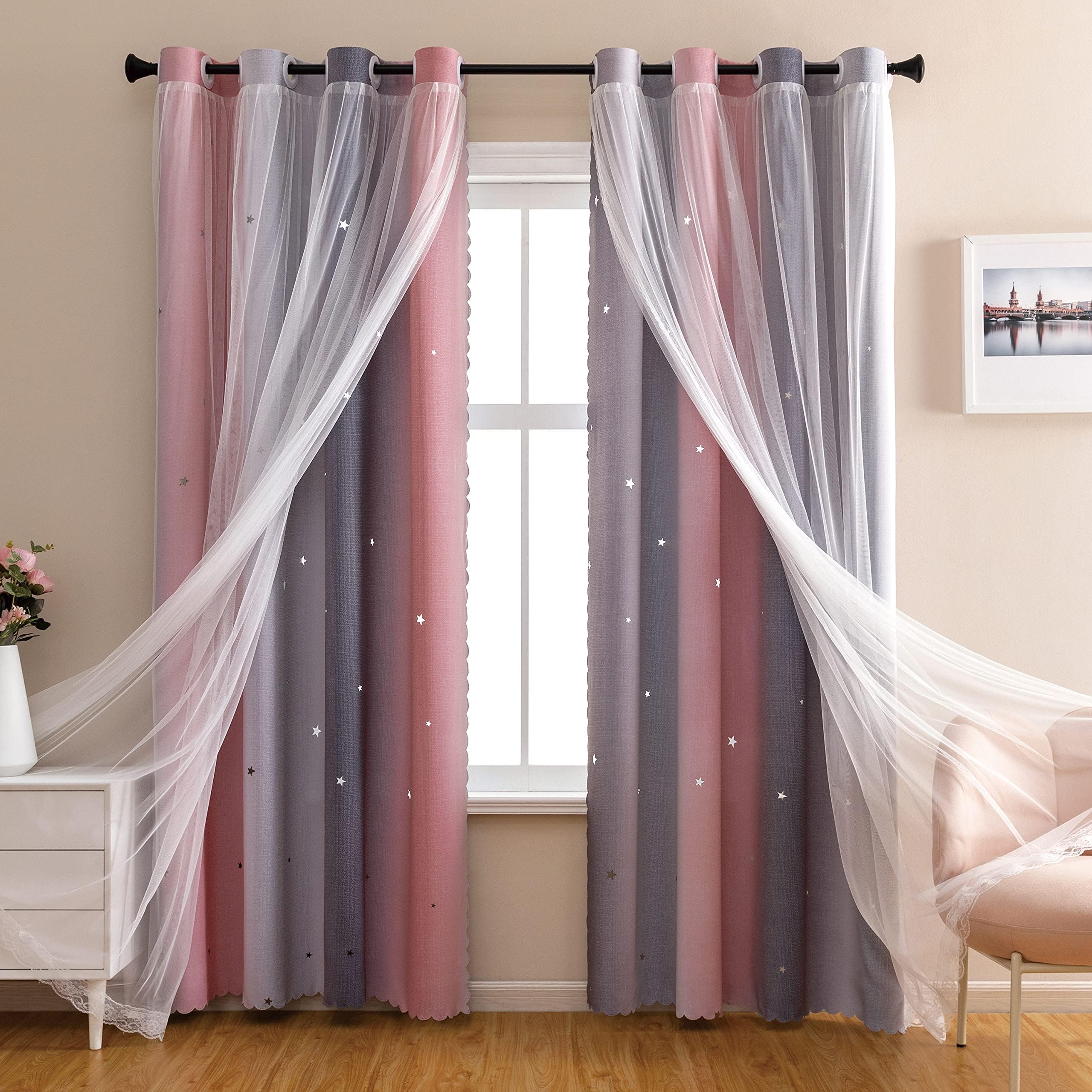 Dream Star Blackout Curtains for Kids Rooms Girl Princess Curtain for Daughter Bedroom Window (Pink Grey, W34 X L63)