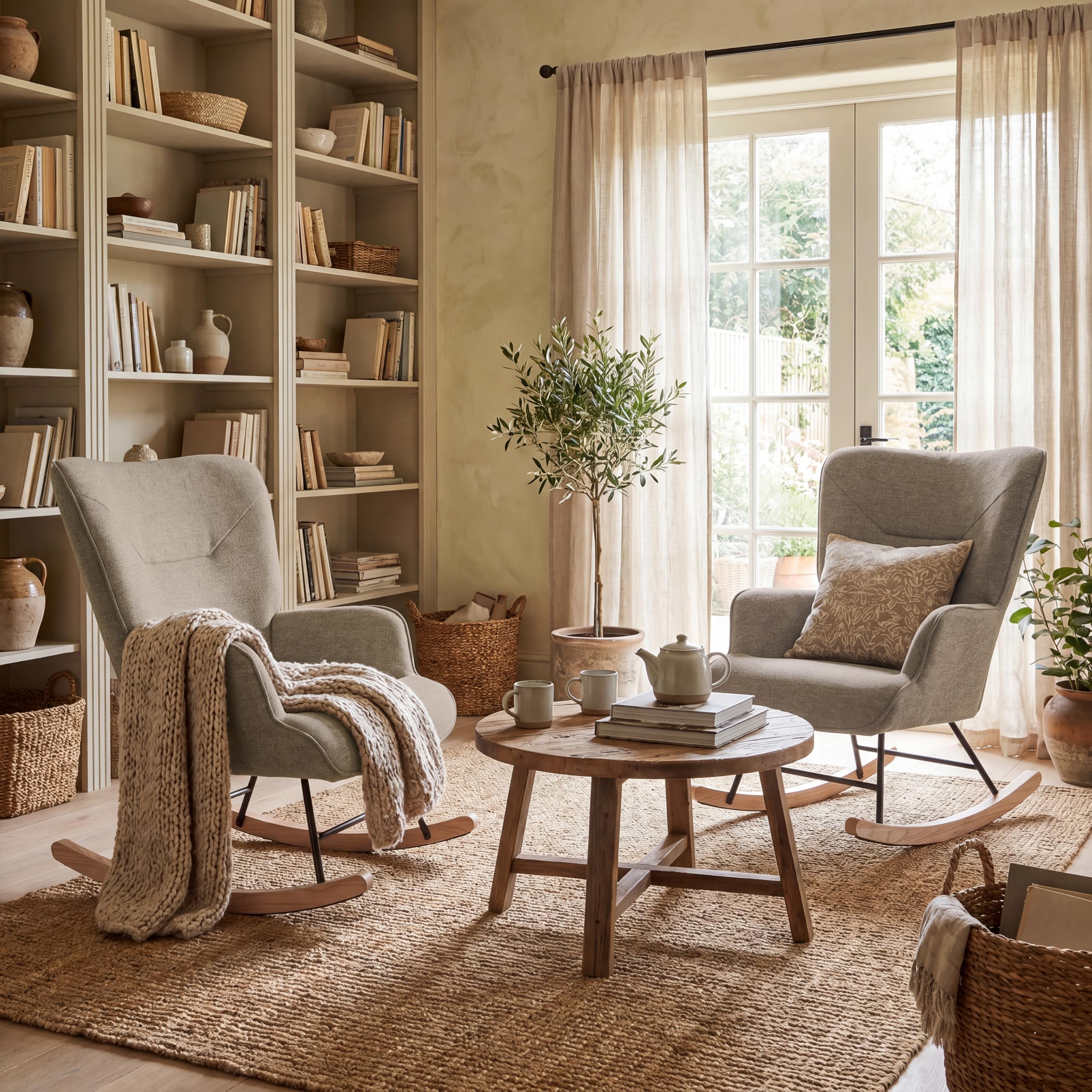 Ohrensessel Leiser Schaukelstuhl mit Armlehnen, Webstoff Sessel, Bequemer Relaxsessel mit Hoher Rückenlehne, Moderner Lesesessel für Wohnzimmer Schlafzimmer Kleine Räume, Sand