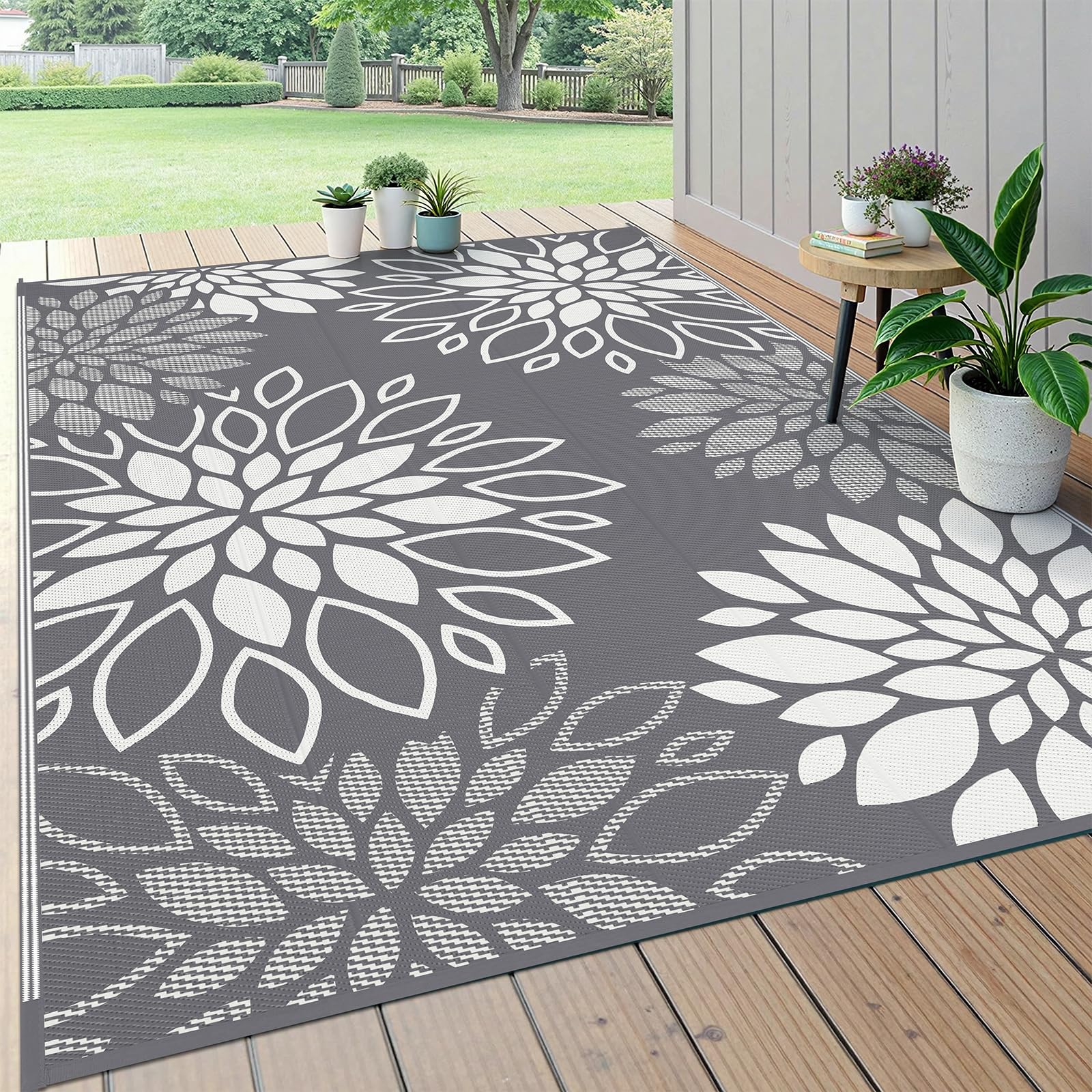HEBE Waterproof Outdoor Rug 6'x9', Floral Reversible Plastic Patio Rug