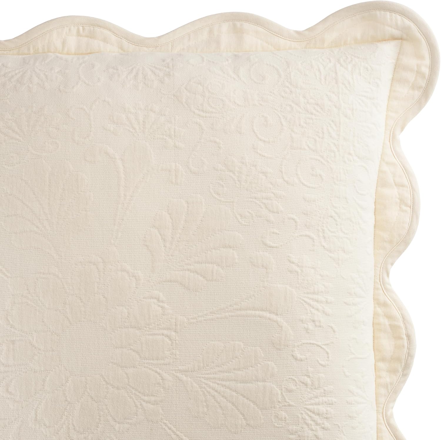 Charleston Estate Modern Farmhouse Floral Matelasse Decorative Pillowcase with Scalloped Edges, 100% Cotton Breathable Bedding, Euro Sham (26" x 26"), Ivory Floral