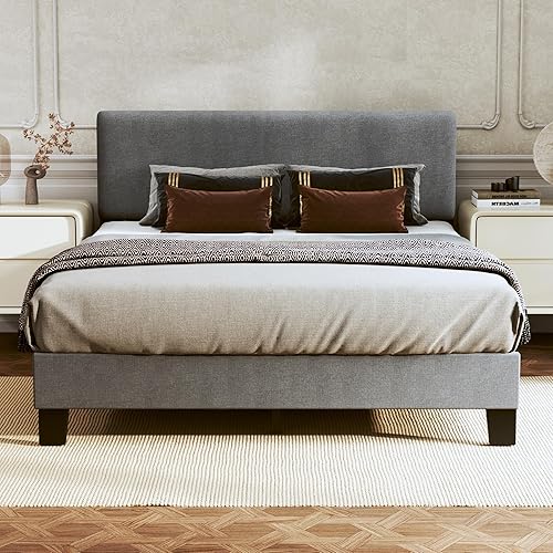 Base de cama King con cabecera ajustable, tapizada, plataforma de tela de lino, soporte de listones de madera, no necesita somier, fácil montaje,