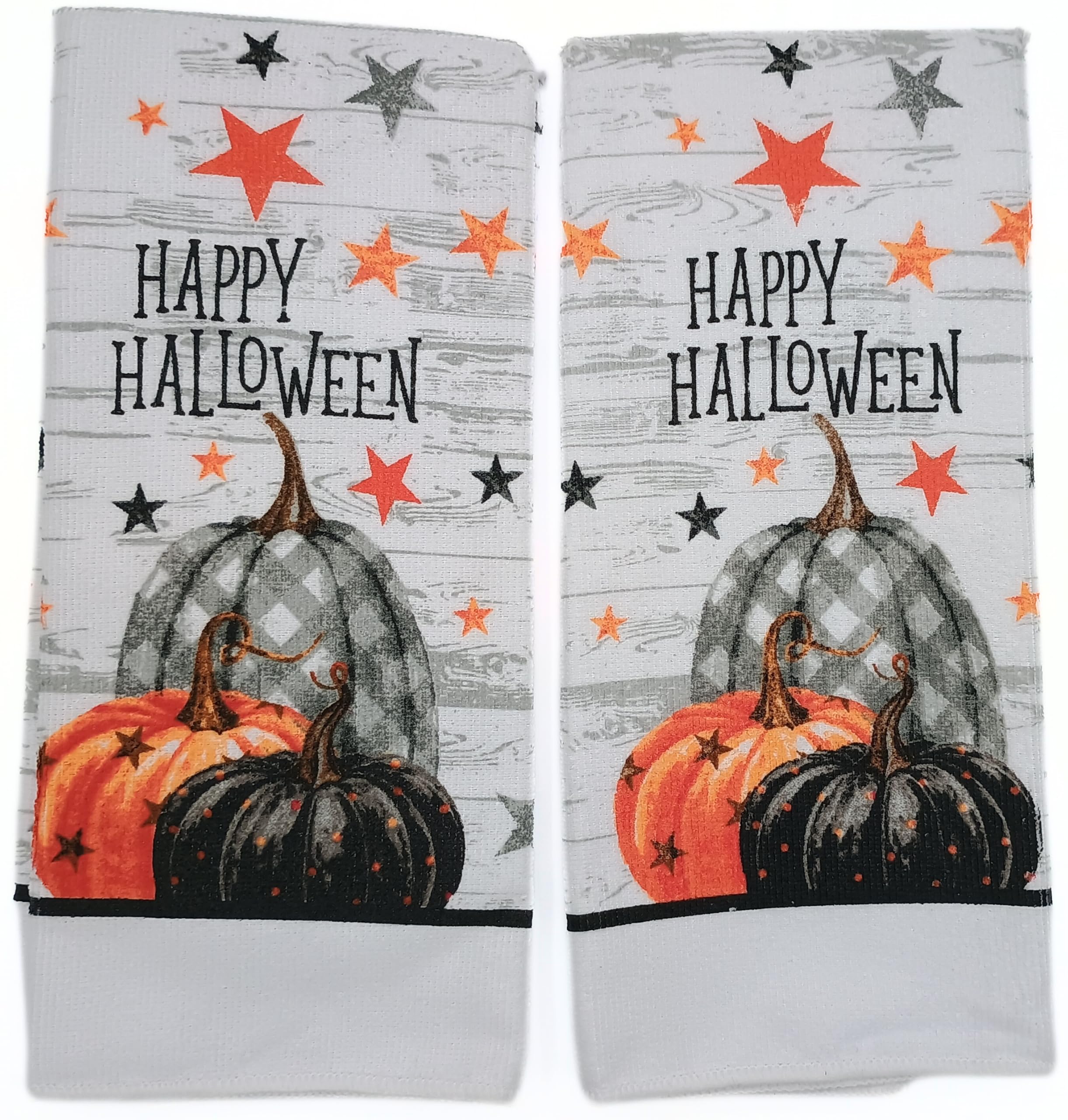 Sg6 Halloween Kitchen Linen Set, 5 Piece, Light Weight, Cotton Oven Mitt and Potholders with Polyester Dish Towels, Pumpkin Design, Happy Halloween Text