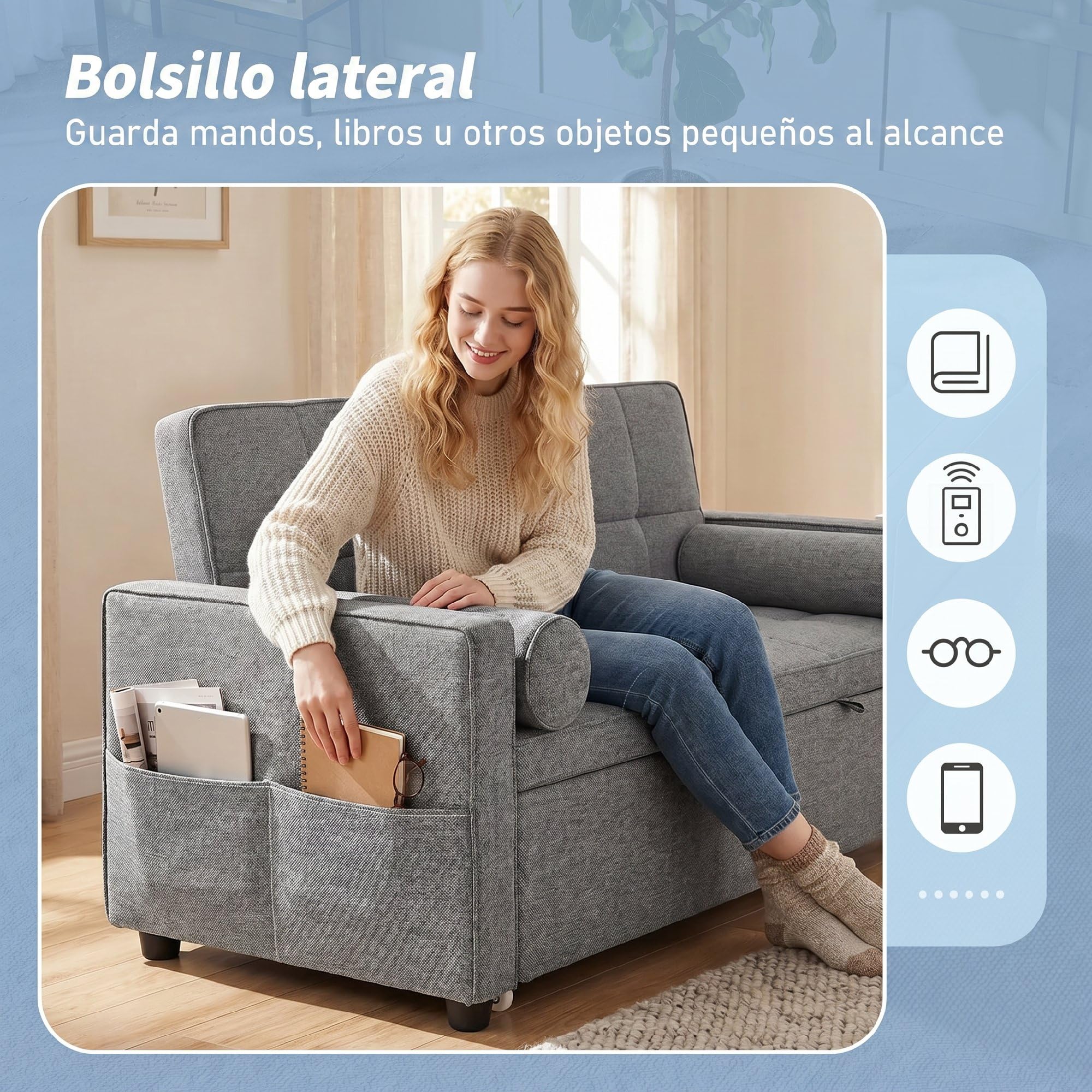 HOMCOM Sofá Cama 2 Plazas 3 en 1 con Respaldo Ajustable 6 Niveles Gris | Sofá Cama Deslizante, Tejido Lino, Bolsillos Laterales, 2 Cojines Fundas Extraíbles, para Sala de Estar, Espacios Pequeños