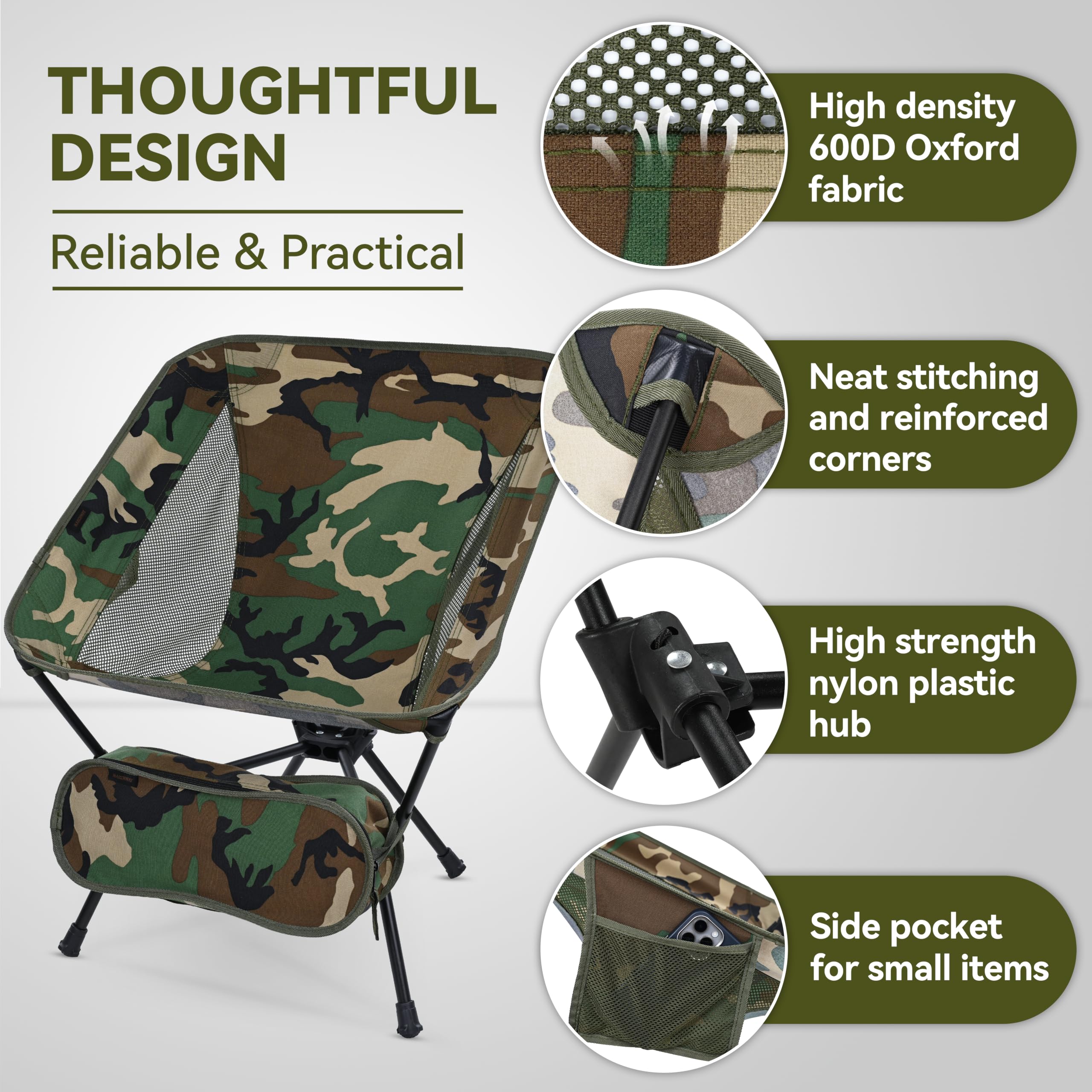 MARCHWAY Silla de camping plegable ligera, estable, portátil, compacta para campamento al aire libre, viajes, playa, picnic, festival, senderismo, mochilero, soporta 330 libras (camuflaje)