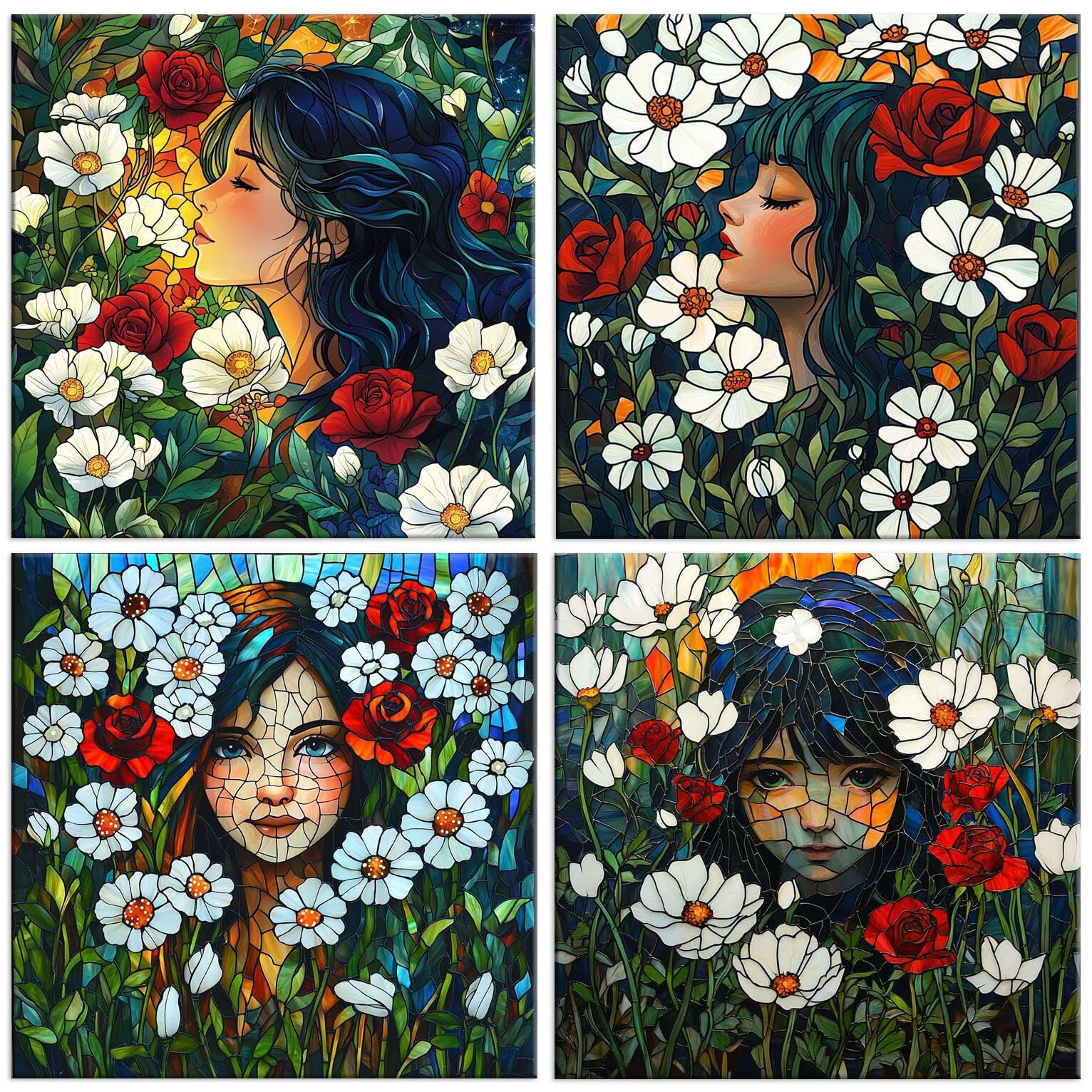 Mädchen Blumen Diamond Paining, 5D Diamant Painting Bilder 60x60cm t-610 | 4 Pack Diamond Painings Erwachsene, 5D DIY Diamant Malerei Mosaikherstellung für Relaxation and as a Wall Deko Geschenk