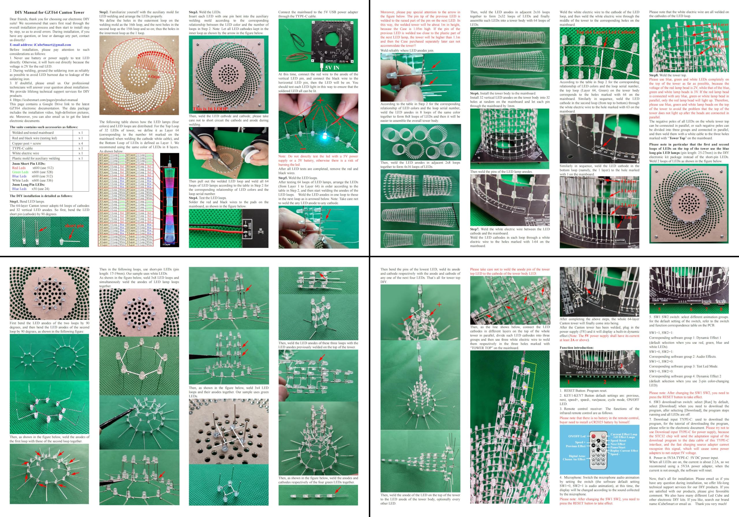 Led Canton Tower Modell DIY Elektronischer Bausatz, LED-Würfelmodell Handgefertigtes Lötprojekt-Kit, 64 LED-Kreise, Höhe 1 Meter (GZT-64)