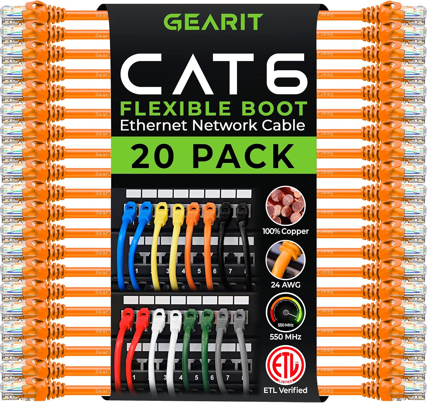 GEARit 20-Pack Cat6 Patch Cable 0.5 Foot / 6 Inches Cat 6 Ethernet Cable Snagless Flexible Soft Tab - Premium Series - Orange