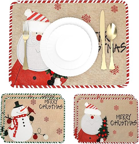 Juego de 4 manteles individuales de Navidad, manteles individuales de lino de arpillera con estampado de árbol de Navidad de copo de nieve, Papá