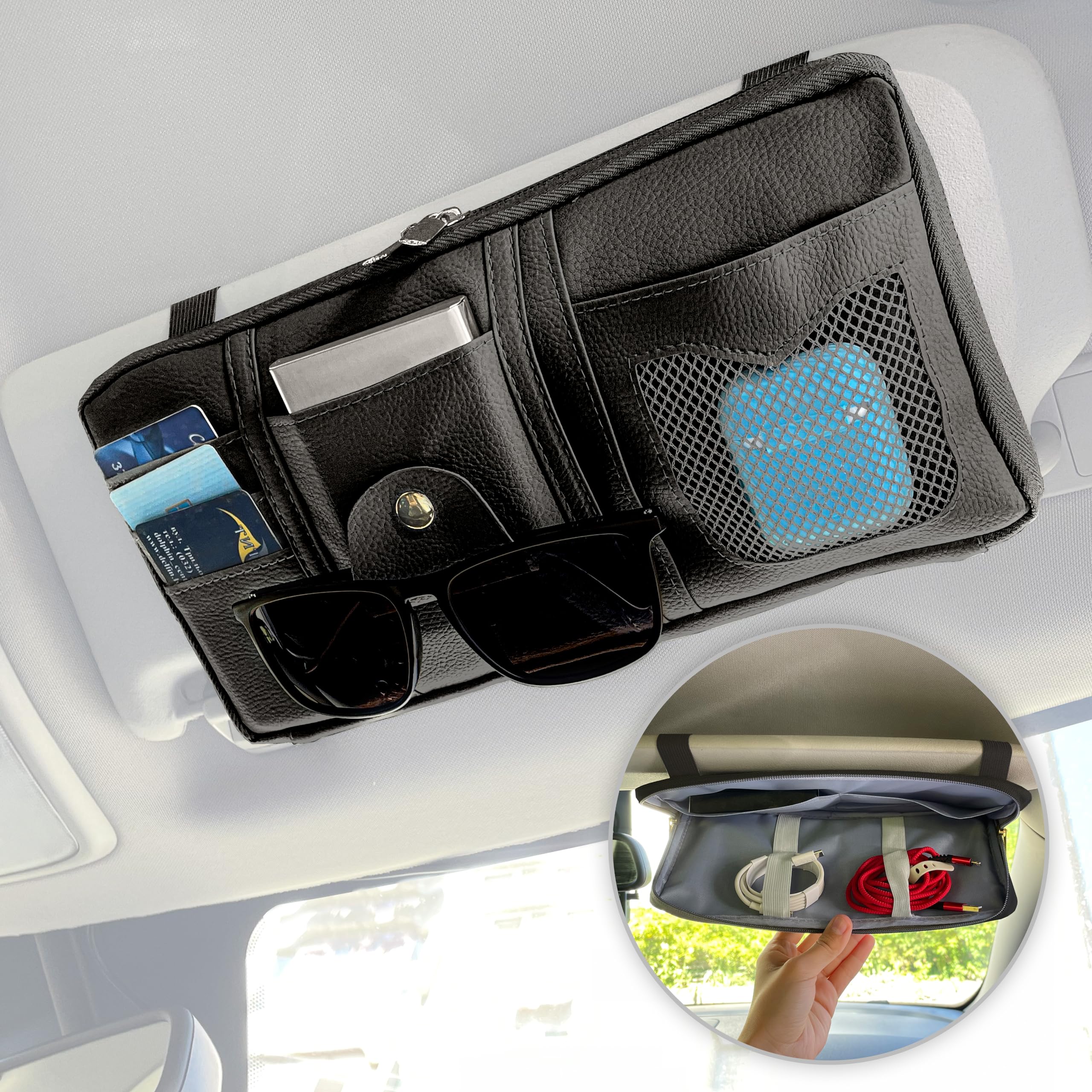 Organisateur Pare-Soleil Voiture MyGadget En Similicuir - Rangement Documents & Lunettes - Beige