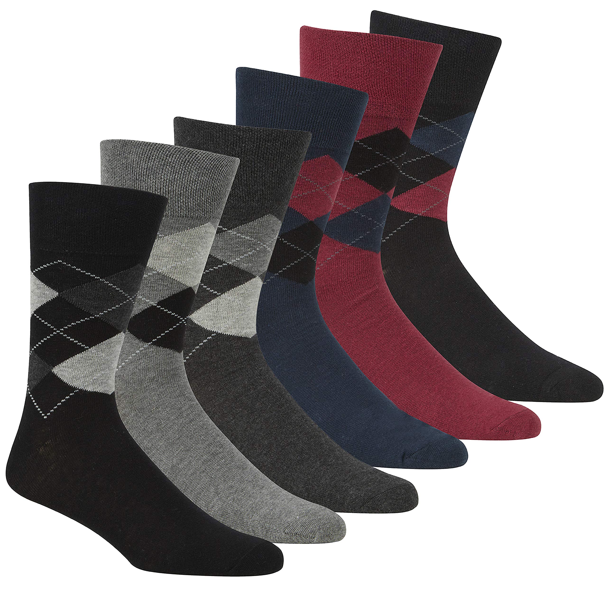Pierre Roche Men's Black & Red 6 Pair Argyle Plain Non Elastic Top Diabetic Travel Socks Uk 6-11