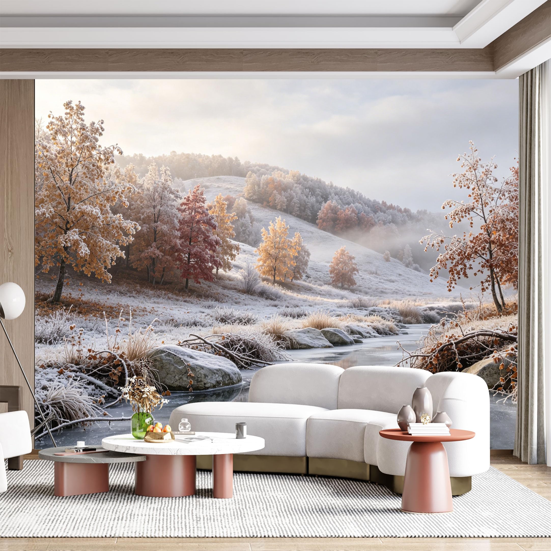 Custom Size Wall Mural Frosty Forest Winter River Frozen Landscape Photography SelfAdhesive Wall Fabric Removable for Home Office Decor