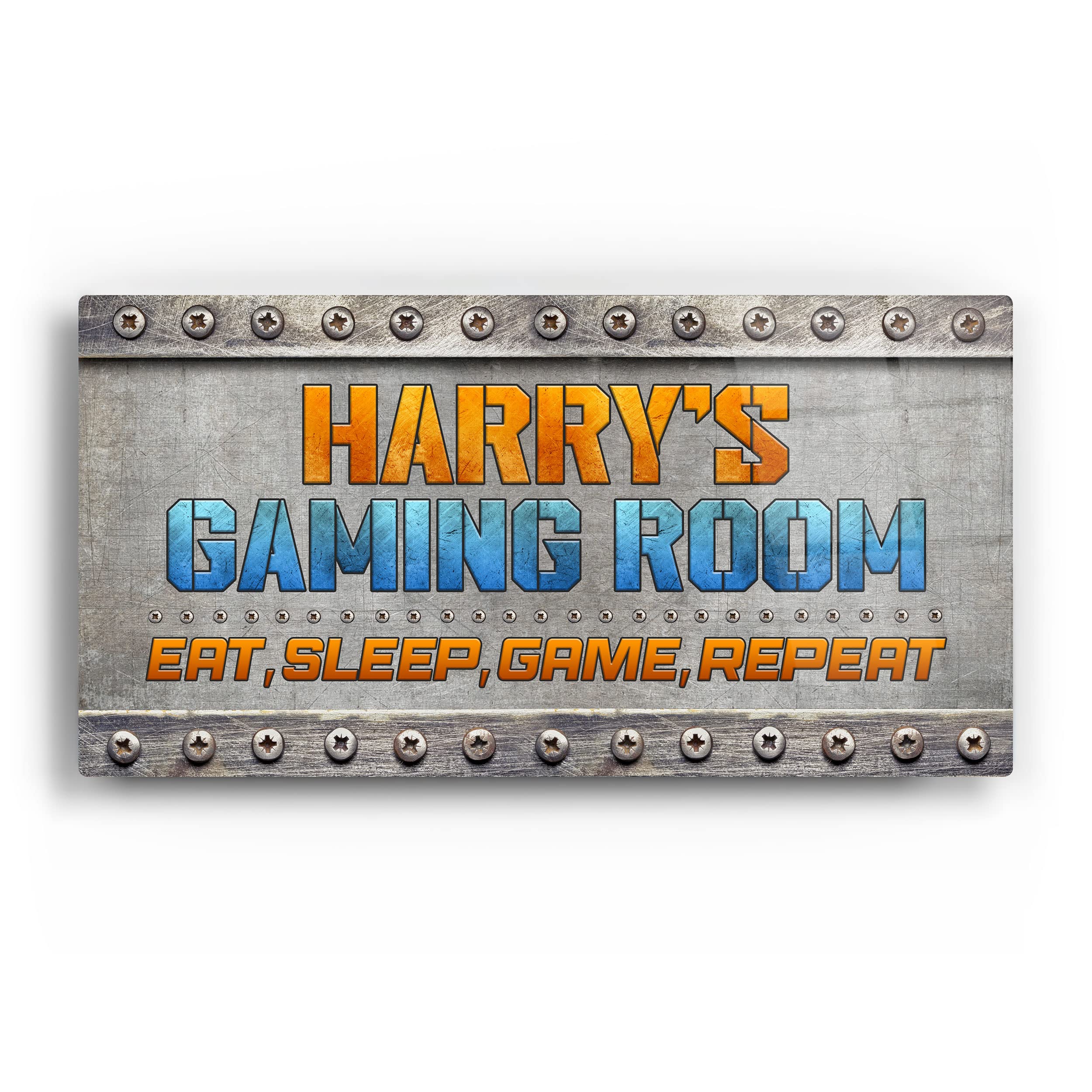 Personalised Gloss Metal Gamer Room Sign 2. Industrial Metal Gaming Sign. Boy or Girl Gaming Bedroom Door Sign with Name & Message.