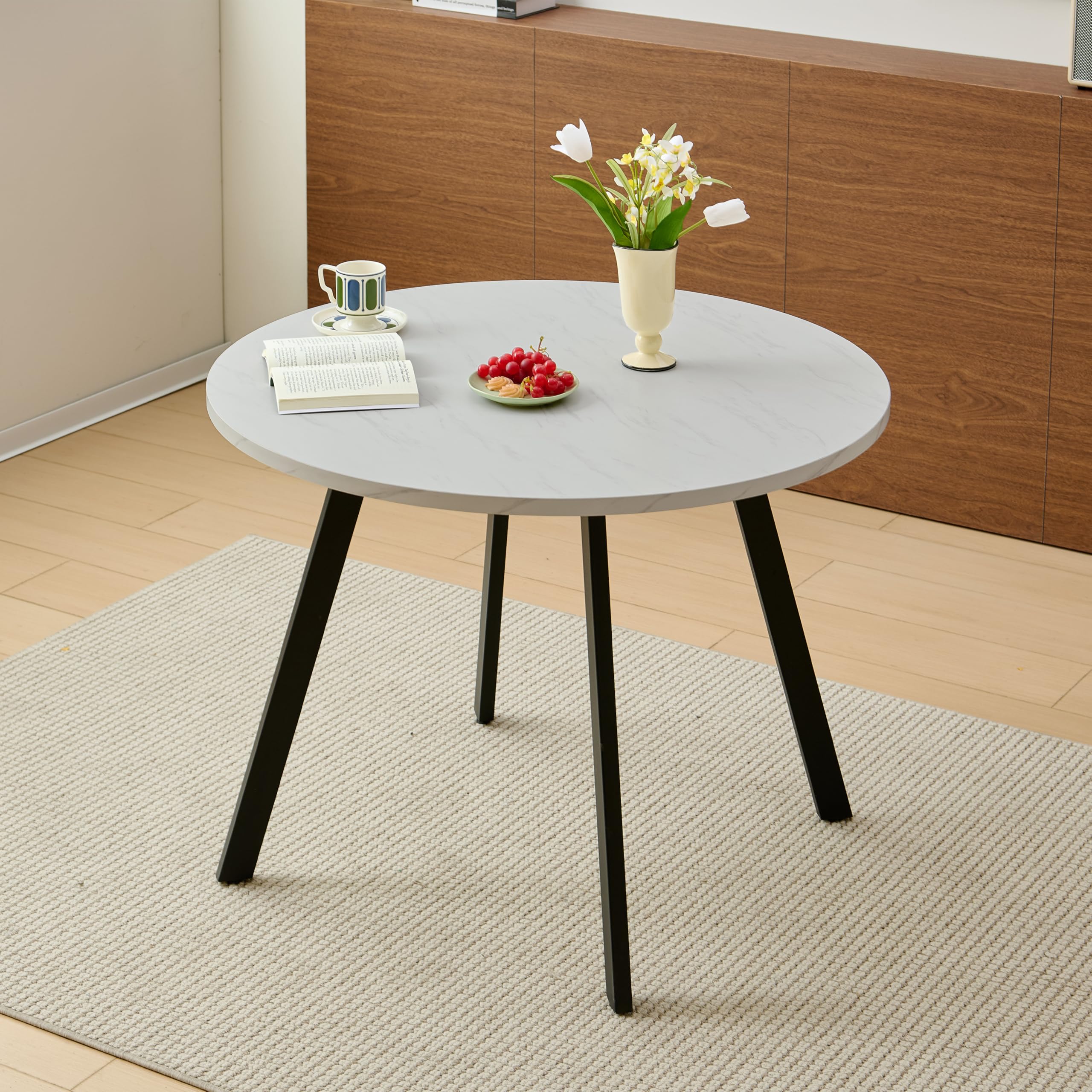 Colorig Modern 100CM Round Dining Table with Flat Tube Black Metal Legs, 2-4 Seaters Wooden Table, Space-Saving Kitchen Table for Dining Room Living Room or Office (White Marble)
