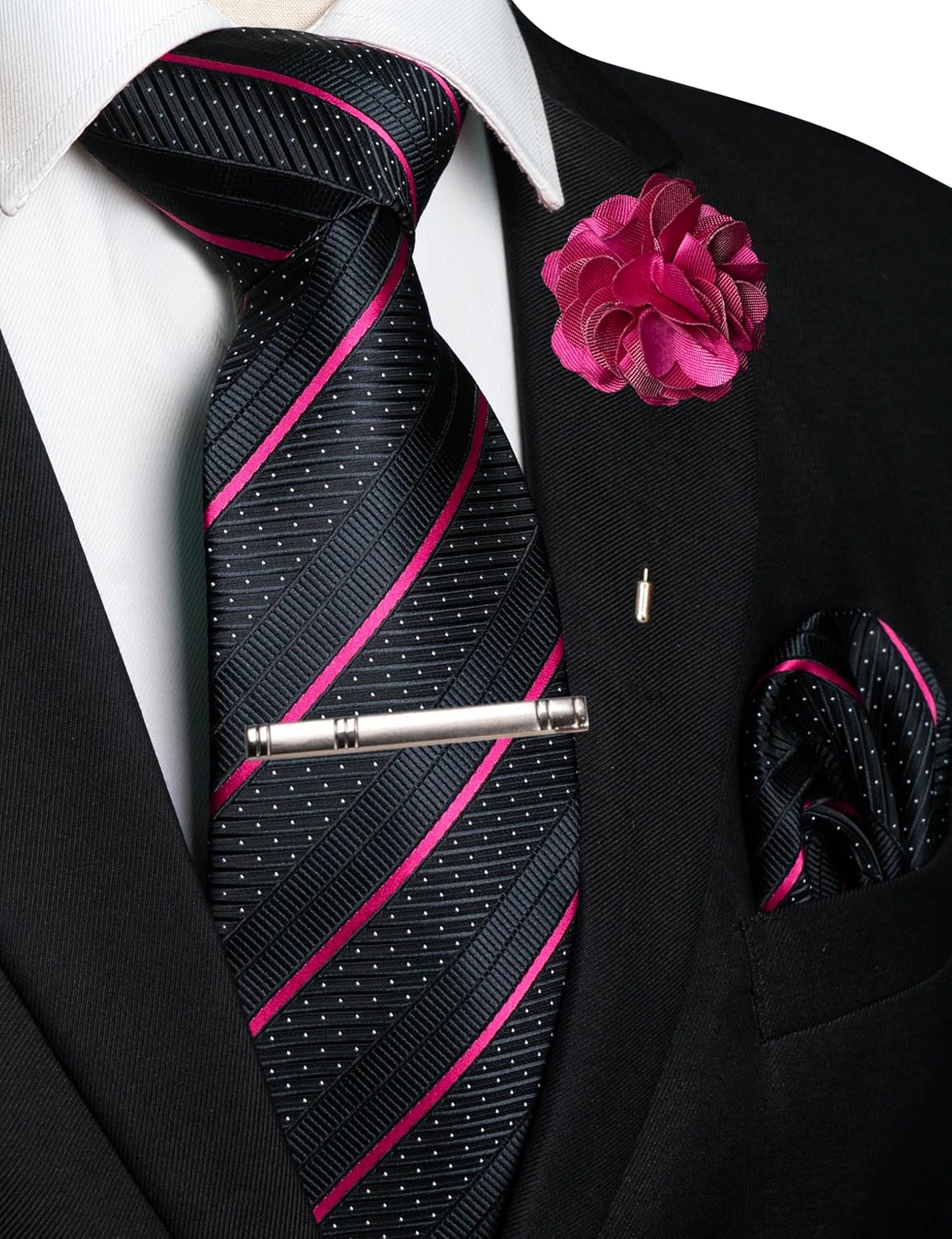 JEMYGINS Mens Striped Tie and Lapel Pin Necktie Pocket Square with Tie Clip Sets for Business Casual 4PCS - Image 2