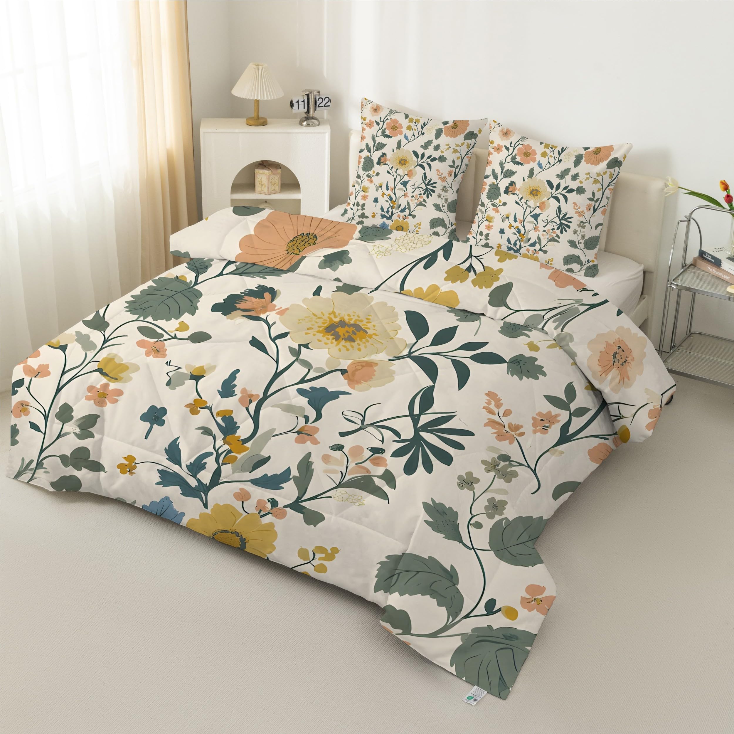 Kołdra 240 x 220 cm, kwiaty i liście, 220 x 240, na 4 pory roku, rośliny, pikowana, nadaje się do prania, kołdra całoroczna z 2 poszewkami na poduszkę 80 x 80 cm, wys. 85