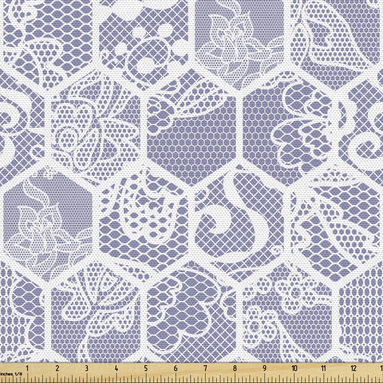Lunarable Mauve and White Fabric by The Yard, Honeycomb Mesh Pattern Nostalgic Retro Floral Antique Ornaments Print, Decorative Fabric for Upholstery and Home Accents, 1 Yard, White Mauve