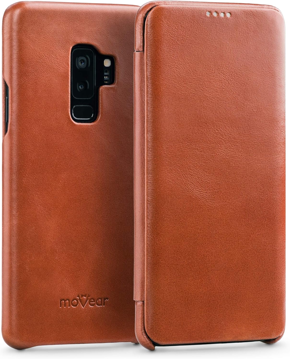 moVear Flipside S Leather Case, Slim Case Compatible with Samsung Galaxy S9+ (Plus), Handmade from 100% Natural Leather (Vintage Leather) Mobile Phone Case, Book Type Case, Magnetic Closure (Brown)