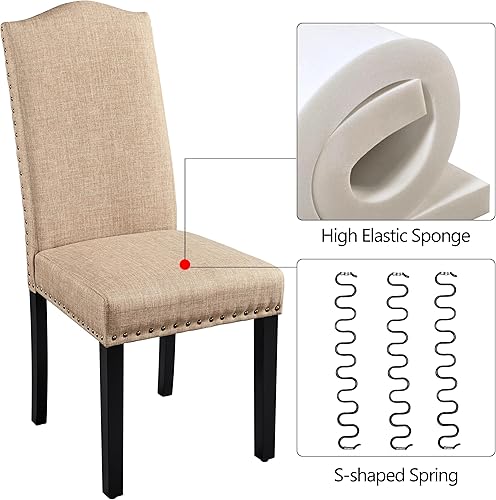 Miniatura 8 de Yaheetech Sillas de comedor tapizadas Parsons con patas de madera de goma y ribete de cabeza de clavo, sillas laterales de tela para comedor, cocina