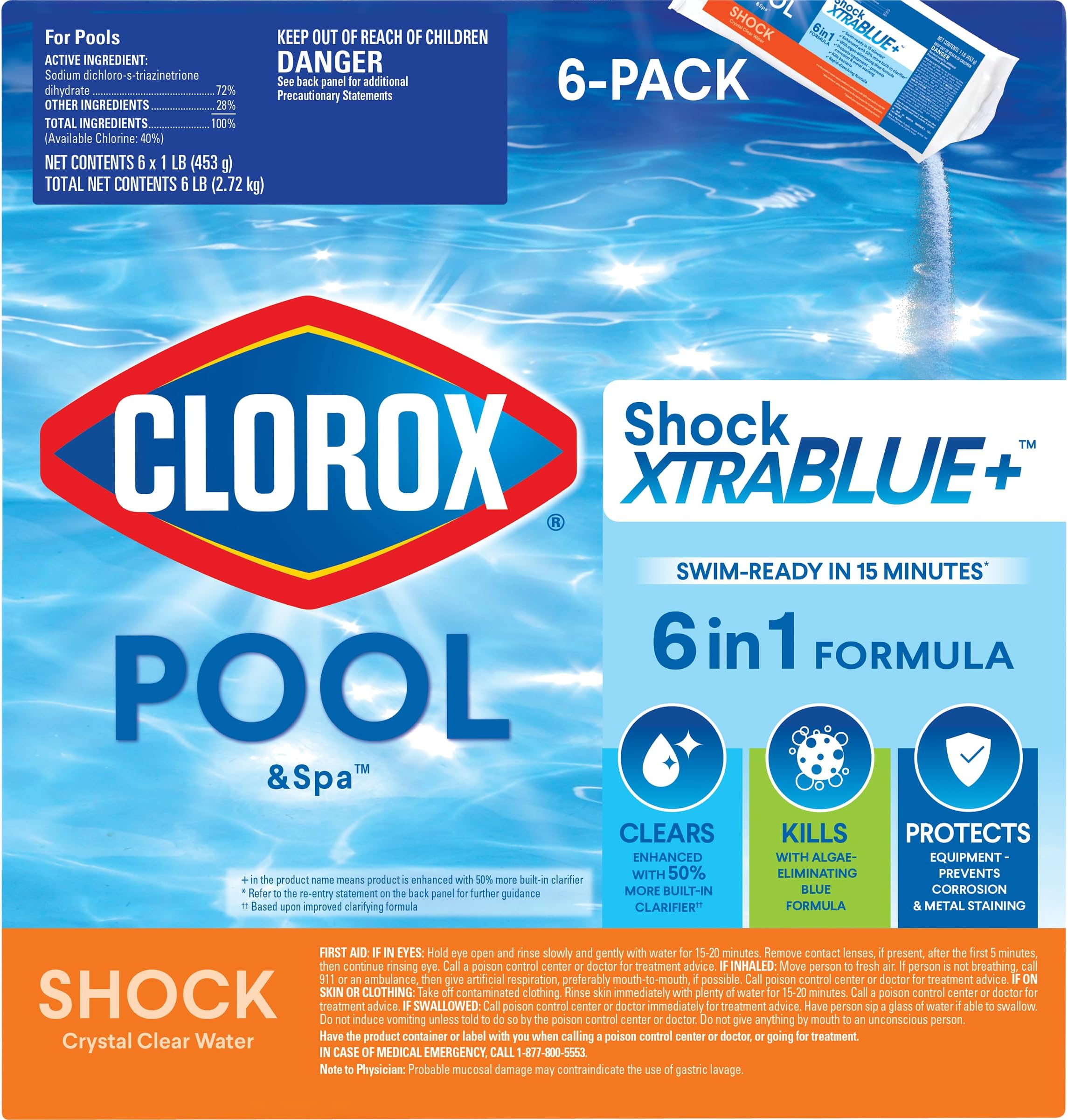 Clorox® Pool&Spa™ Shock XTRABLUE® Plus, Kills Bacteria & Algae in Swimming Pools, Swim-Ready in 15 Minutes, (6-Pack)