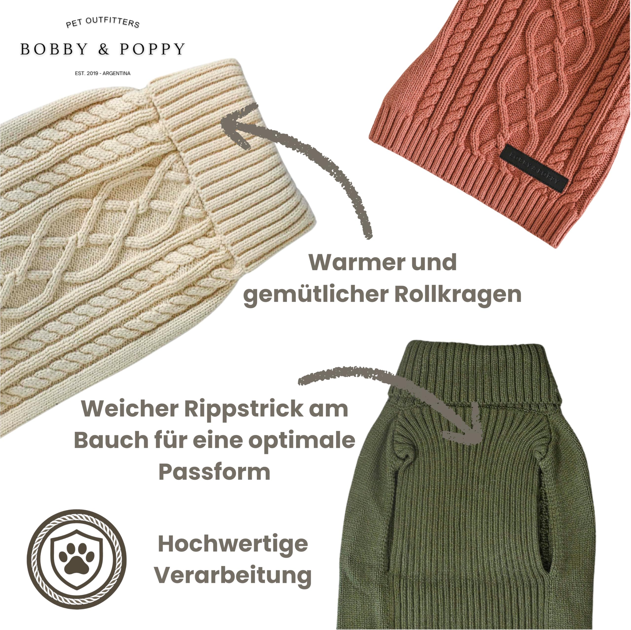 Bobby & Poppy Strick Hundepullover, Warmer Winterpullover für kleine, mittlere & große Hunde, ultrasofter Hundepulli Zopfmuster Dackel Französische Bulldogge Welpen - Grün L Cable Dog_Green_L