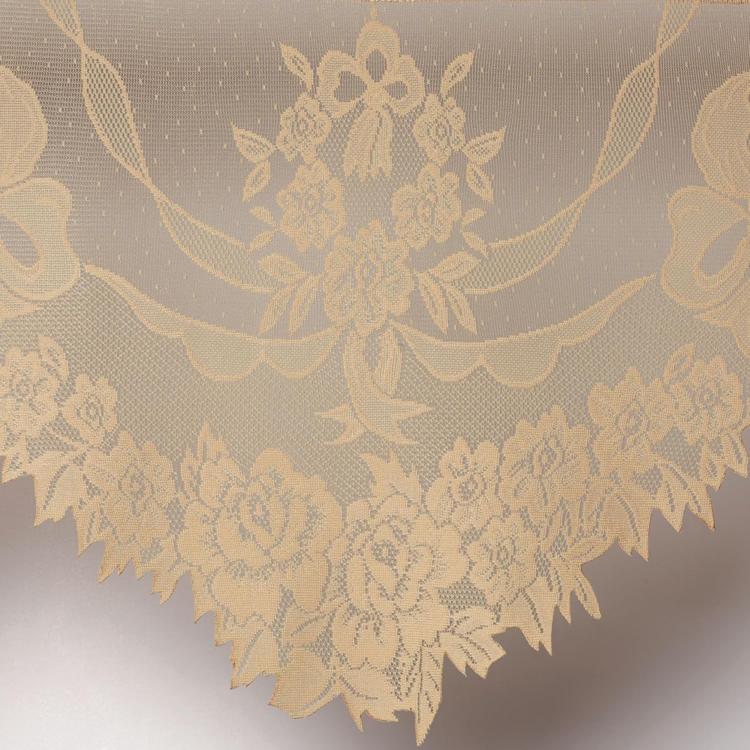 Romantic Garland Lace Window Treatments | Regal Gold | Hand-Cut Floral and Leaf Designs in Solid Color Fine-Gauge Polyester Jacquard Lace | Rod Pocket Drapery Set: Balloon Shade & Swag Valance Pair