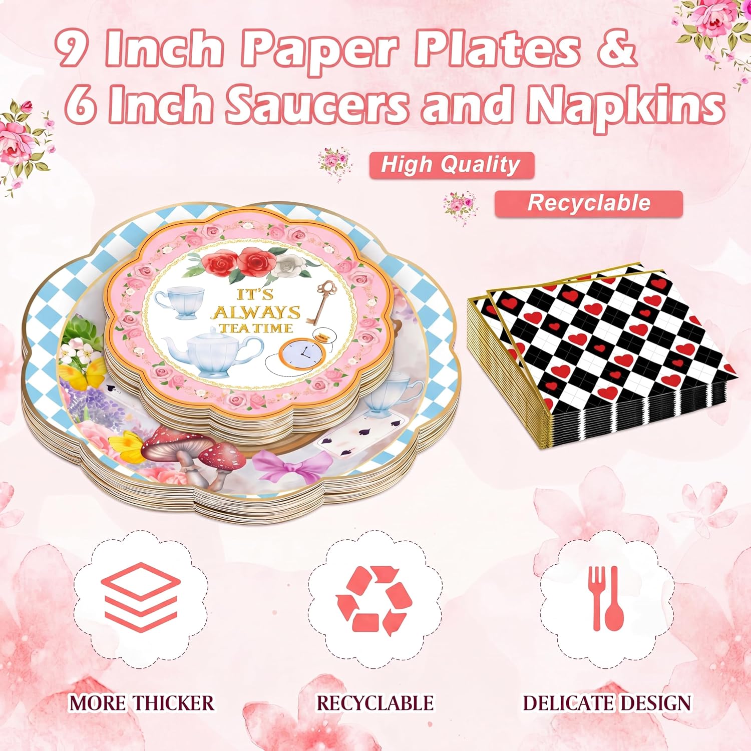 FillTouch 50 Sets Wonderland Paper Tea Cups and Saucers for Tea Party image 5