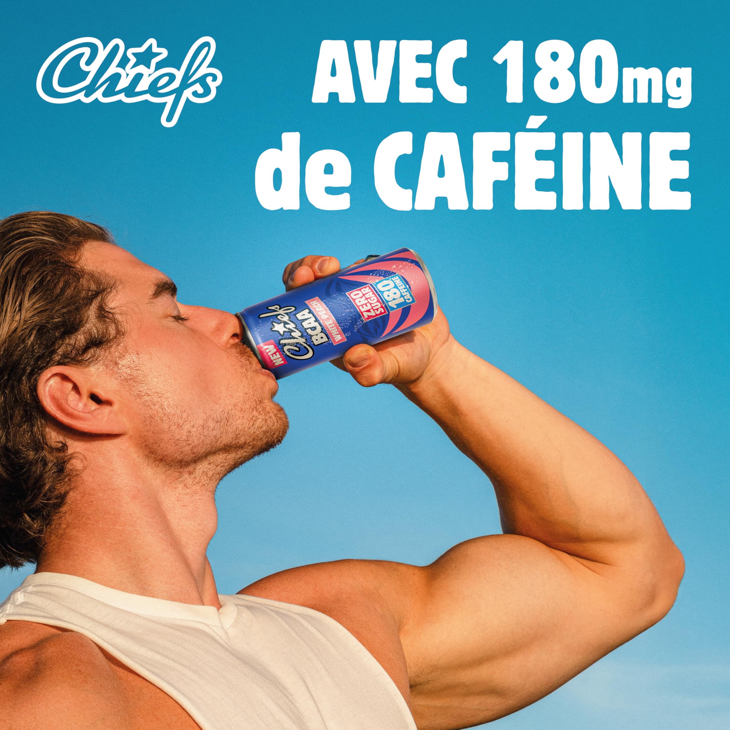 CHIEFS Boisson énergisante goût Pêche Blanche, 180 mg de caféine, 24x330ml boissons énergétiques, Sans Sucre et avec BCAA (White Peach)