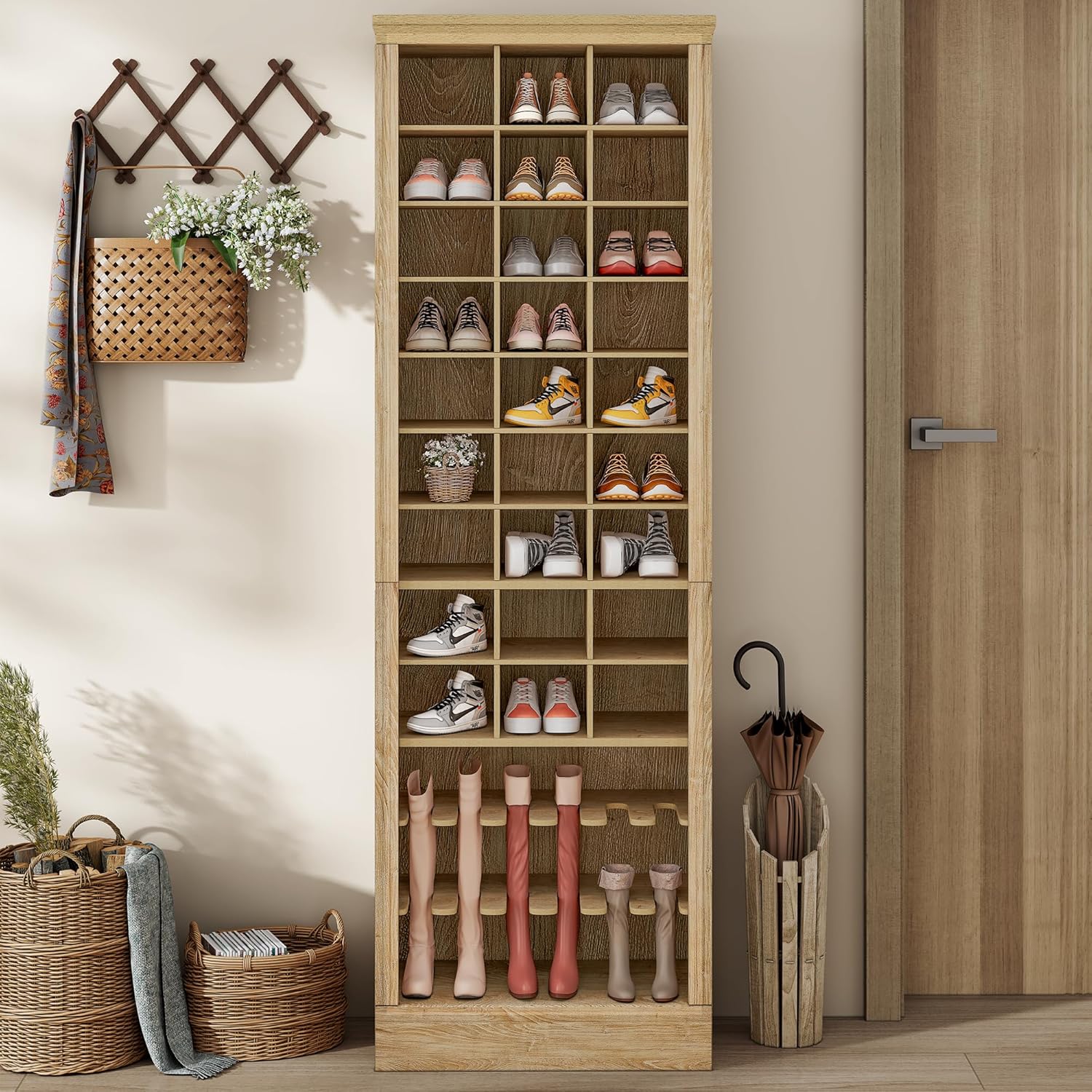 Yechen Tall Shoe Cabinet, 9 Tier Cube Shoe Rack Organizer with 27 Shoe Cubbies, 74.9'' Freestanding Shoe Closet Shelf Organizer with Open Storage for Boot, Entryway, Mudroom, Light Brown