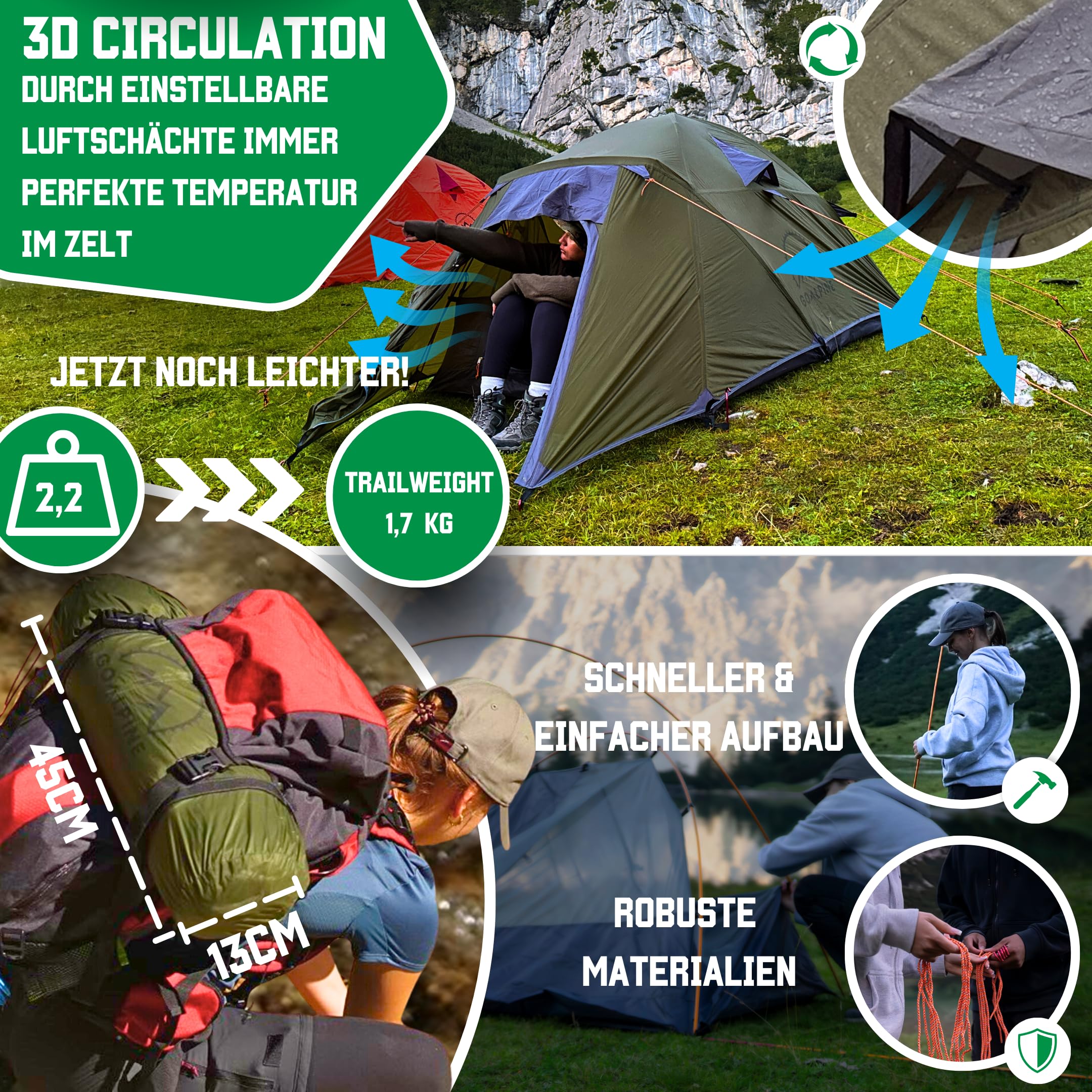 GOALPINE® Zelte für 1 & 2 große Personen | wasserdicht 4000mm | kleines Packmaß | zum Wandern, Bergtouren & Bikepacking | Ultraleicht | 3-4 Jahreszeiten | schneller aufbau