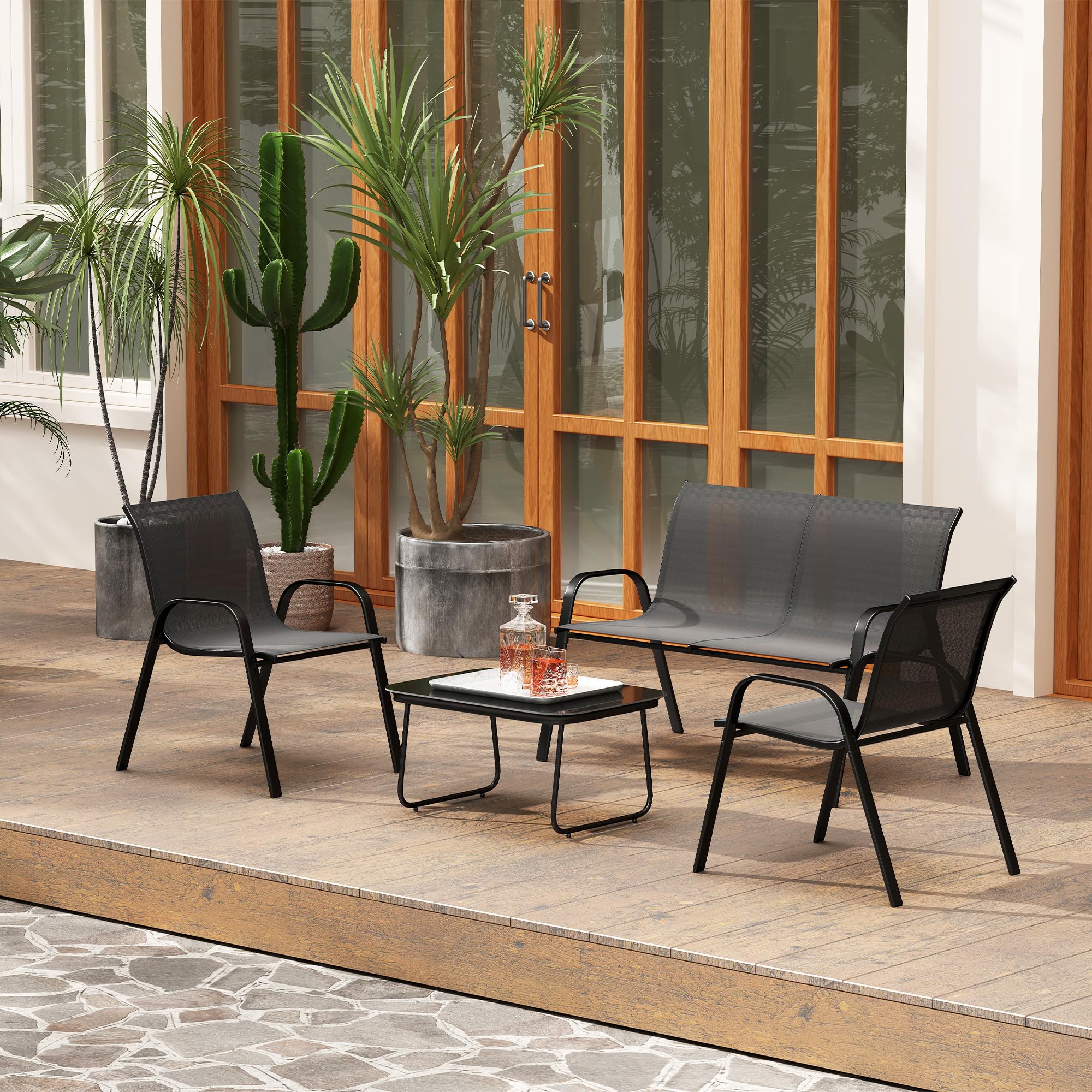 Outsunny Set Salotto da Giardino 4 Pezzi, Divanetto 2 Posti, 2 Sedie Impilabili, Tavolo Caffè Vetro, Acciaio, Texteline Nero