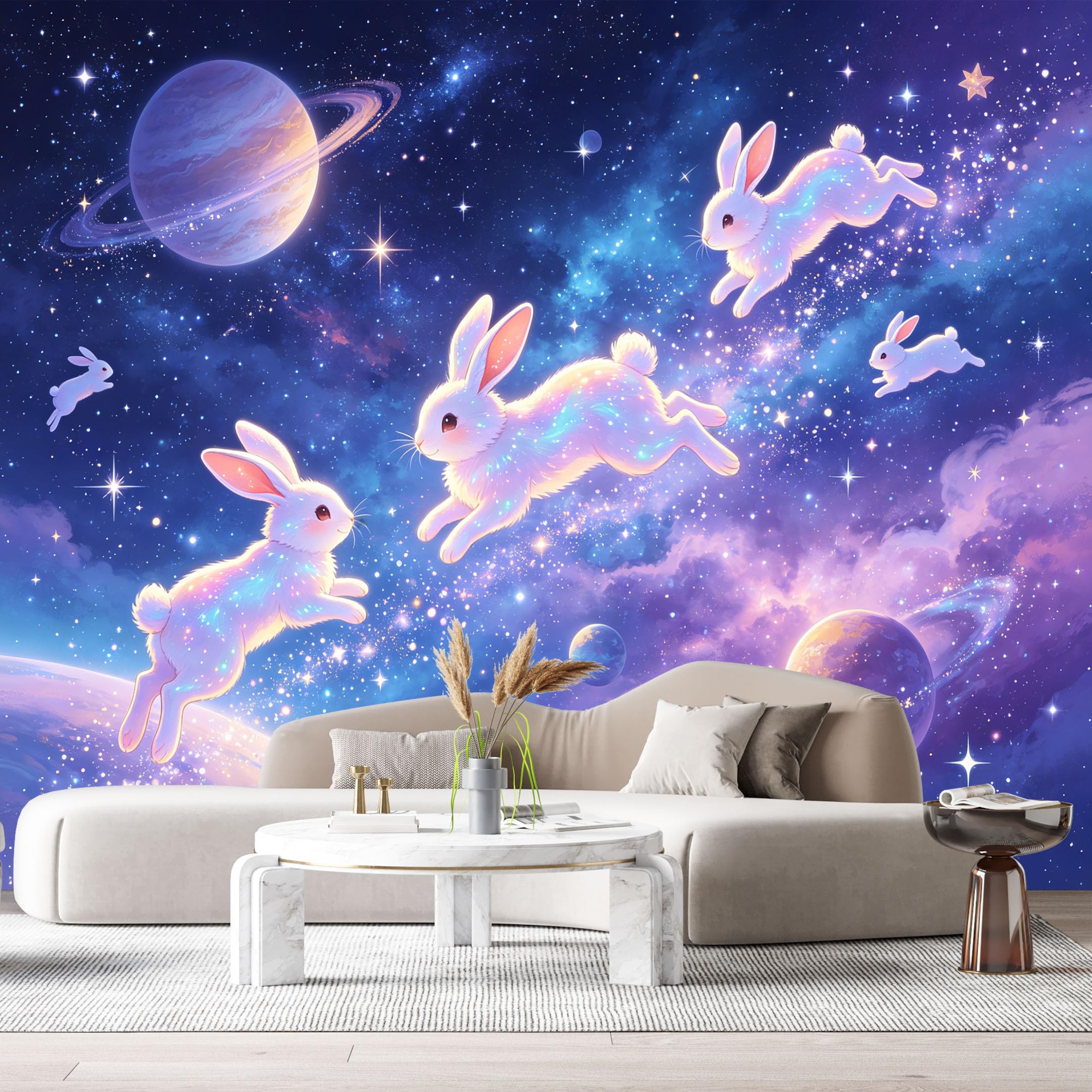 Custom Size Wall Murals Cosmic Galaxy Landscape Watercolor Rabbits Planets Stars SelfAdhesive Wall Fabric Removable Large Wallpaper for Photo Living Room