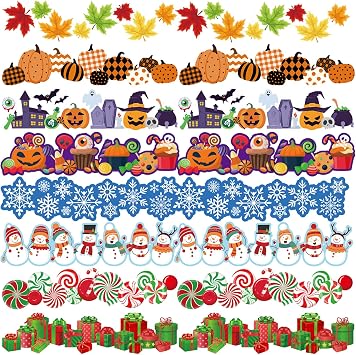 TaoBary 88 Pcs Seasonal Bulletin Board Borders Stickers 86 ft Fall Christmas Winter Bulletin Board Trim Border Decor 86ft Seasonal Border Stickers for School Classroom Blackboard Decor