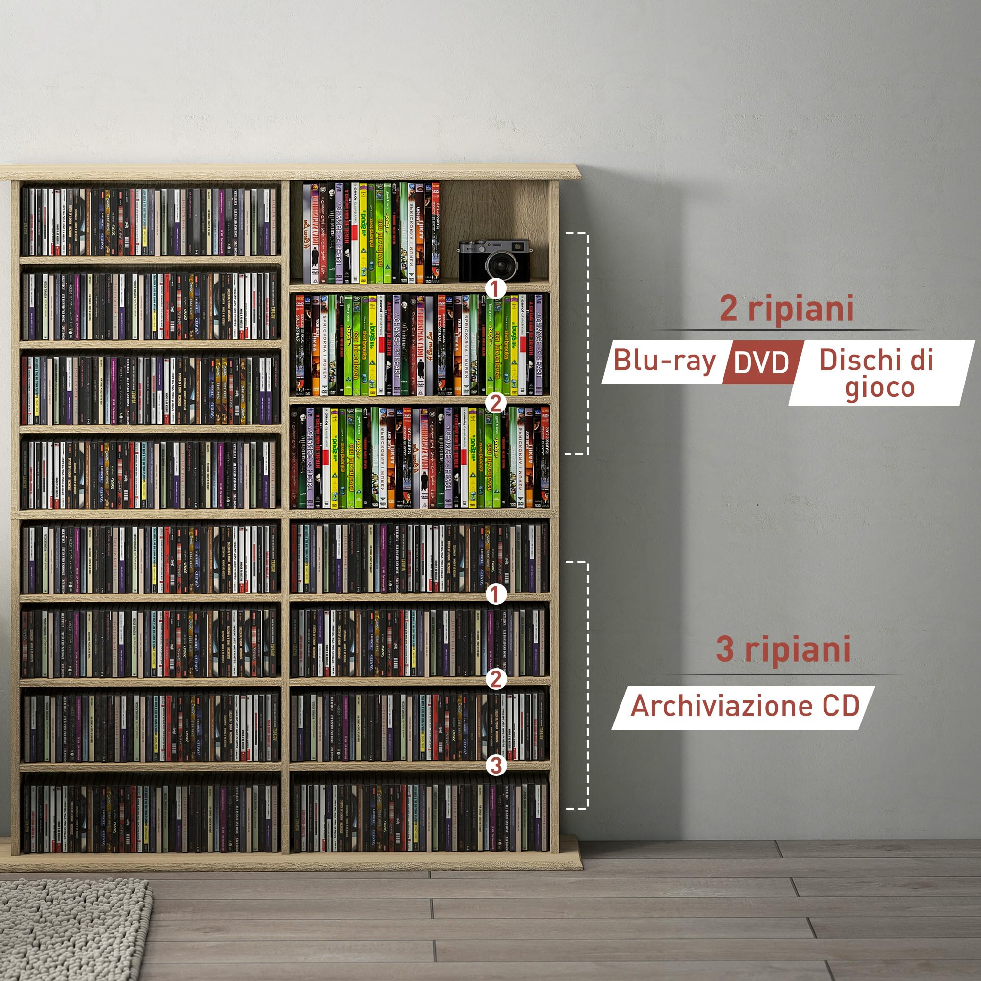 HOMCOM Mueble para CD con 12 estantes ajustables, estantería para 720 CD/396 DVD, ahorra espacio, de madera, mueble portacd con 16 compartimentos, para salón, dormitorio, oficina, 106,5 x 24 x 126,3