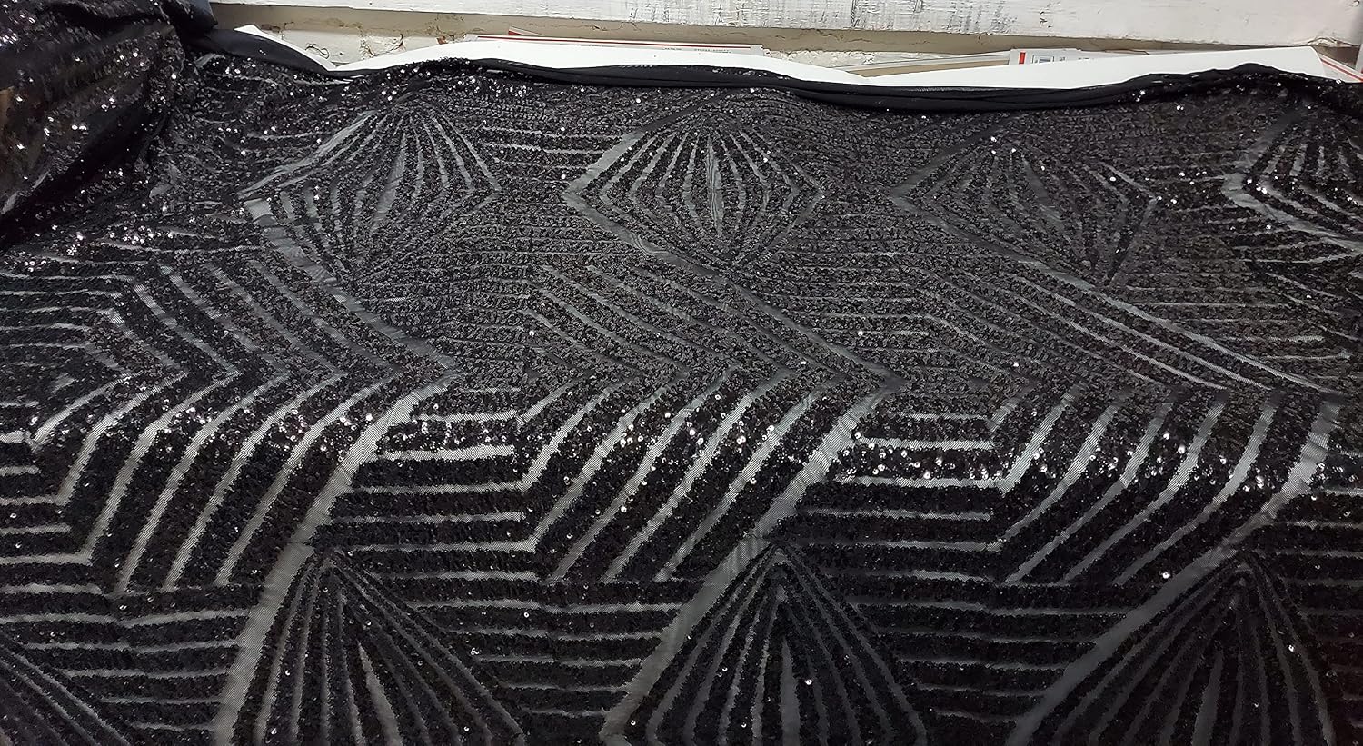 Sequins Black, Geometric Design,Bridal Power mesh Corded Fabric 50" by The Yard