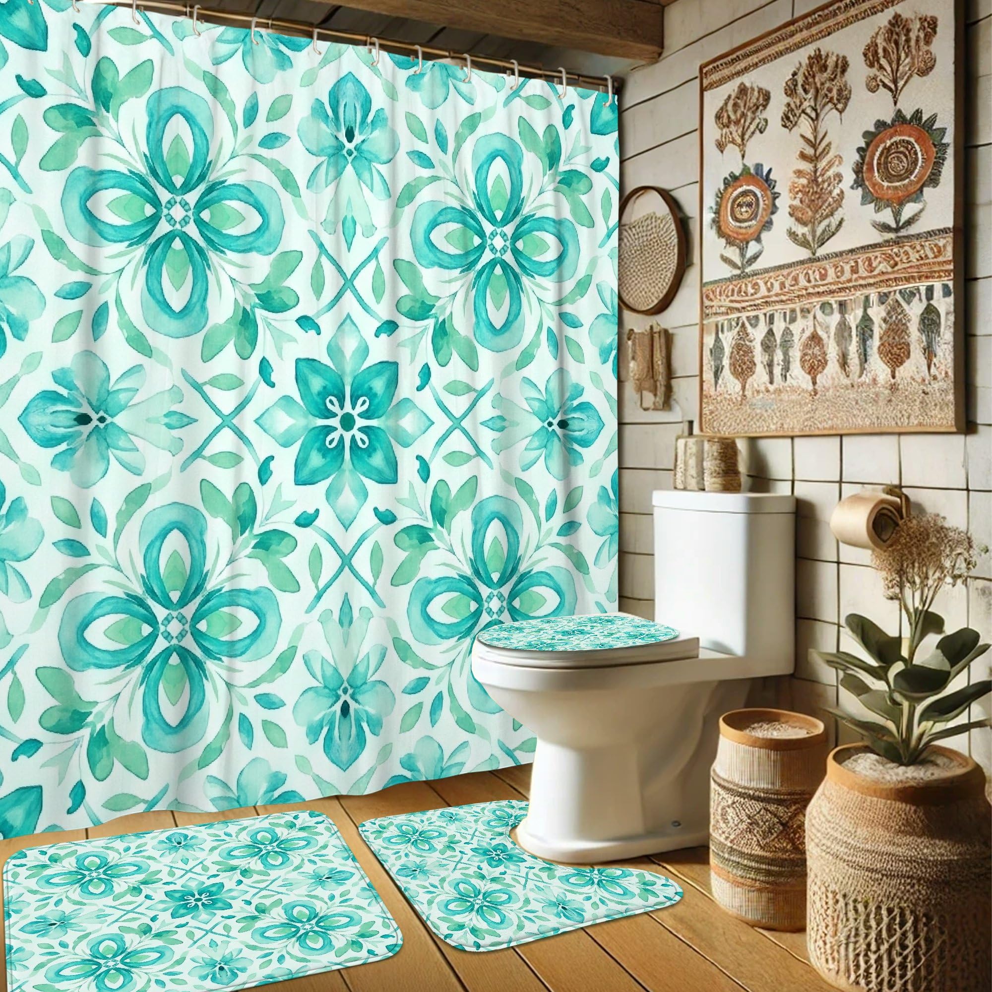 Rideau de douche moderne lavable motif floral et imprimé végétal pour baignoire 183x183