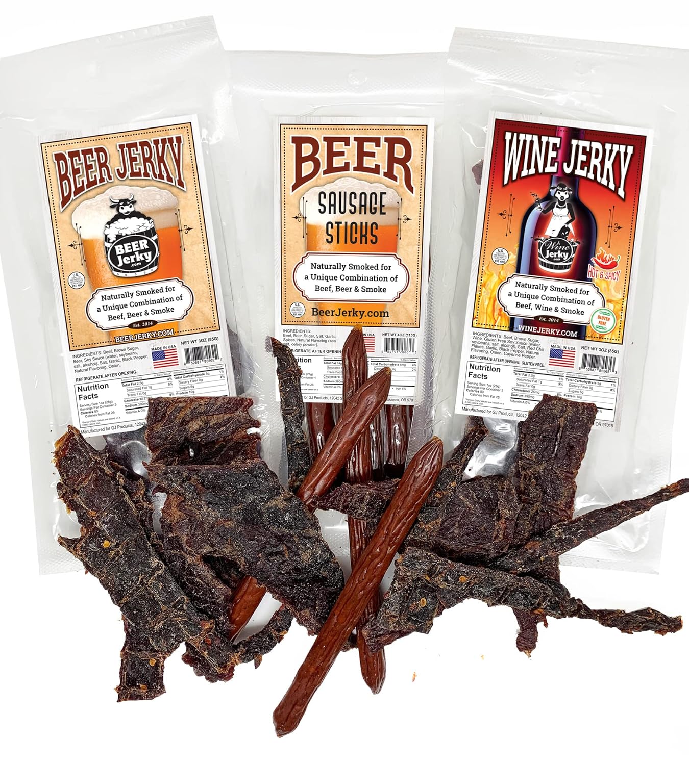 BeerJerky.com - Variety 3-Packs - Beef Jerky and Sausage Sticks Marinated in Beer, Wine or Whiskey (Beer & Hot Wine Jerky/Beer Sausage)