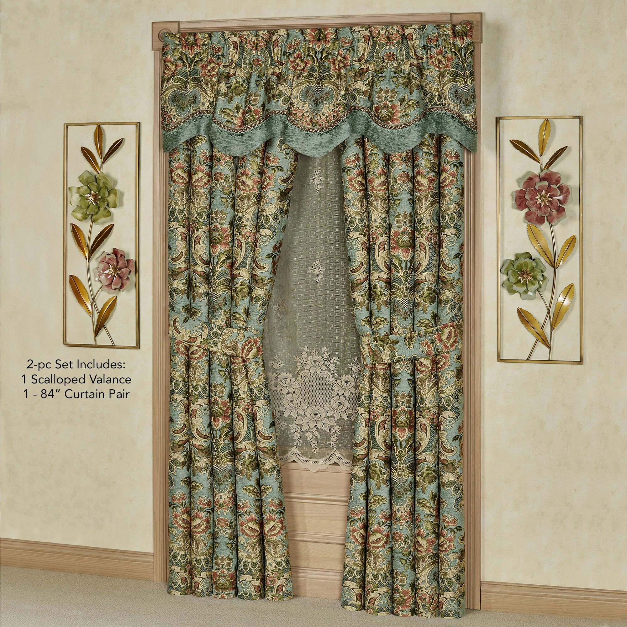 Calais Chateau Traditional Luxury Window Treatments | Soft Teal Chenille | Colorful Pastel Woven Classic Jacobean Floral Blooms | Lined, Wide Drapery Set Includes Scalloped Valance & 84L Curtain Pair
