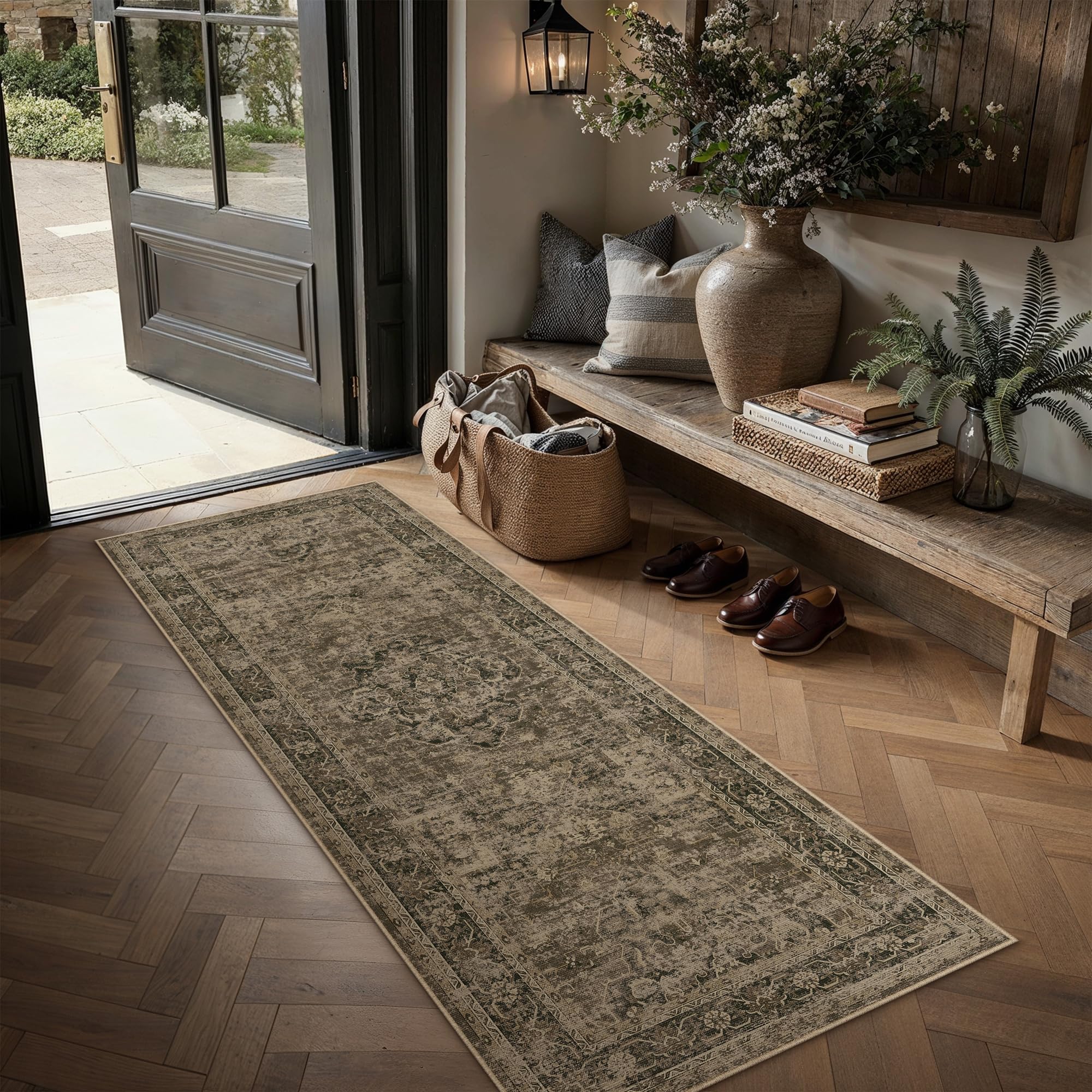 PureCozy Brown Runner Rug 2x5 Vintage Oriental Distressed