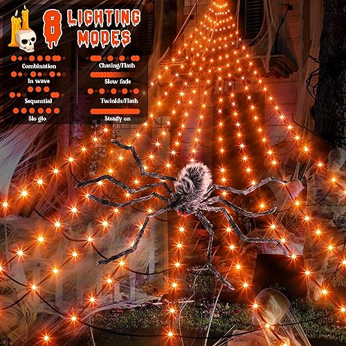 Miniatura 4 de Red de araña solar para decoración de Halloween, 16.4 x 15.7 pies, enorme telaraña triangular alimentada por energía solar, 192 LED, 8 modos,