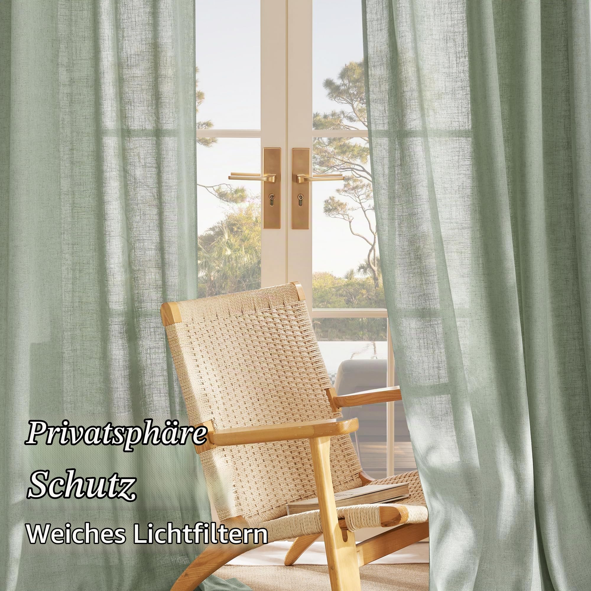 NICETOWN Grün Vorhänge Leinenoptik Boho Gardinen Halbtransparent mit Ösen | Graugrün, H245 x B140 cm, Halbdurchlässig, 2er Set, Leinen Gardine, Passend für Wohnzimmer und Schlafzimmer, Sichtschutz