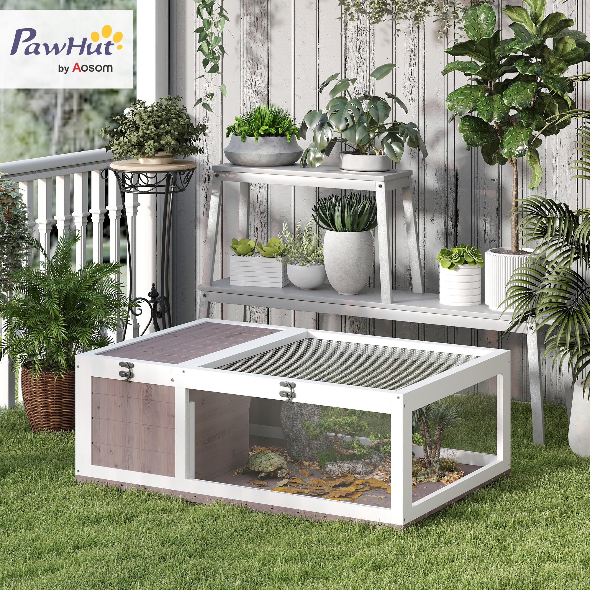 PawHut Casa per Tartarughe di Terra con Pannello Apribile e 2 Spazi Separati, Terrario Tartarughe di Terra in Legno di Abete e Acciaio Zincato, 91x60.5x32 cm, Marrone Chiaro