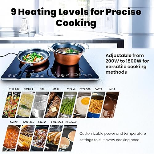 Miniatura 3 de OMEO Placa de cocción portátil de doble inducción con 2 quemadores, control táctil, cocina de inducción de 110 V con bloqueo de seguridad, pausa,