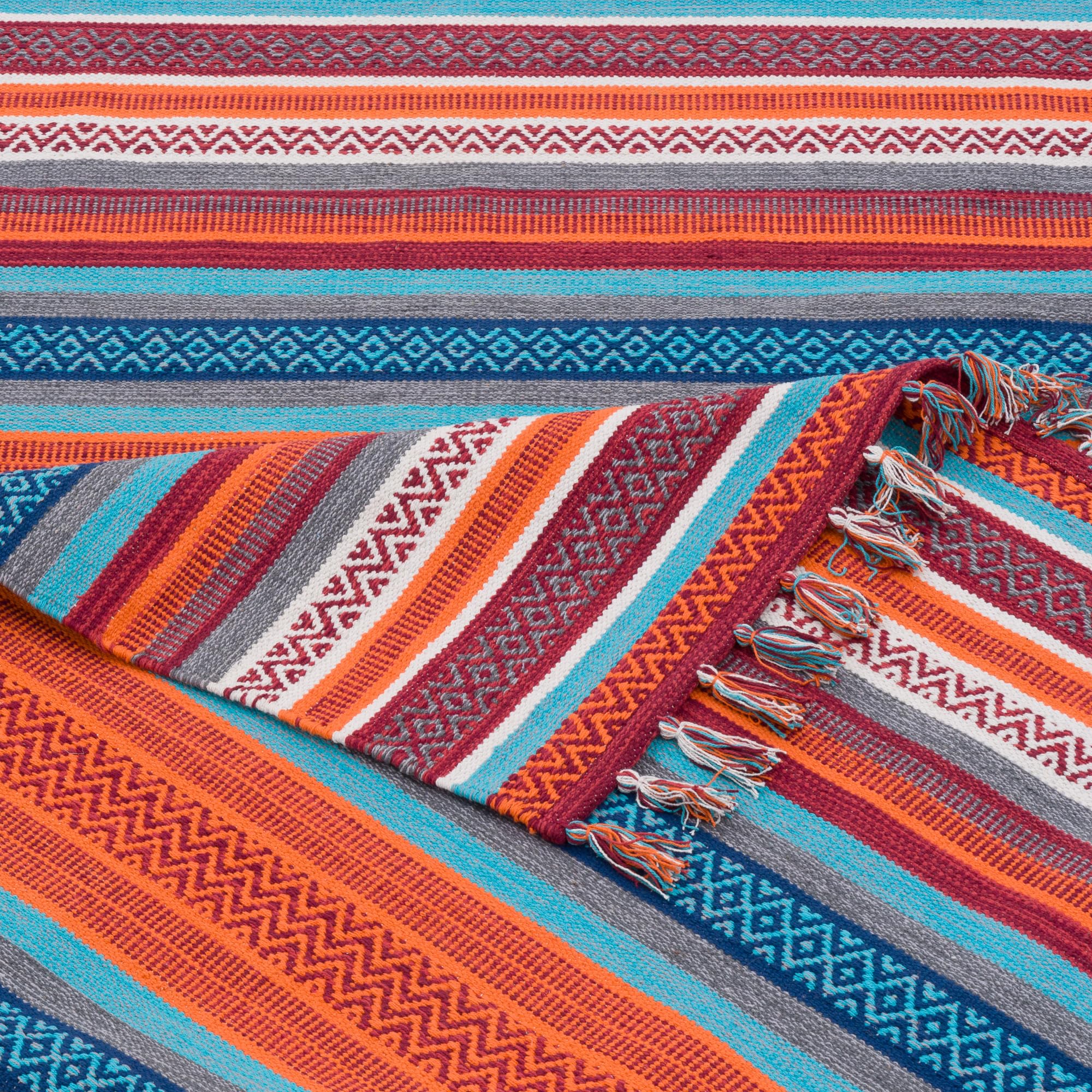Pergamon Tapis Kilim en Coton tissé à la Main Grace - Multicolore Turquoise Terre Cuite - Tapis Facile d'entretien et Durable - Idéal pour Le Salon, Le Couloir et la Cuisine - Tapis Naturel Durable