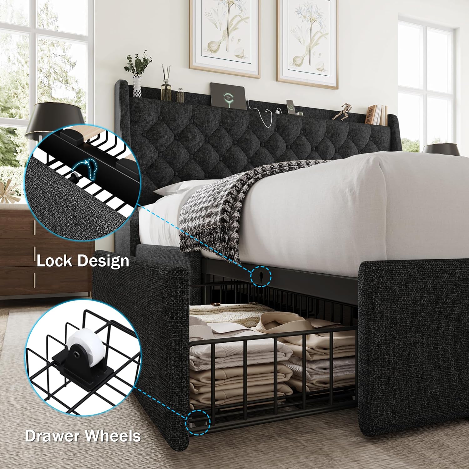 GalnFu King Size Bed Frame with 4 Storage Drawers, Giant Upholstered Wingback Headboard, Fast Charging Station, No Box Spring Needed, Noise-Free, Dark Gray